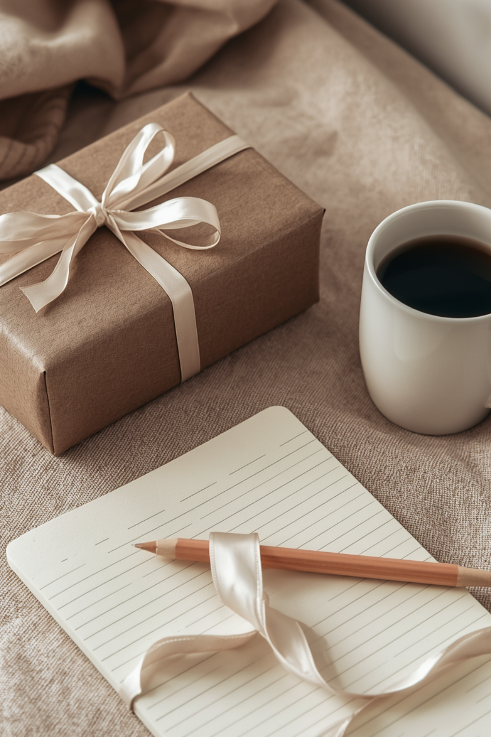 A wrapped gift with a white ribbon, a white coffee mug filled with black coffee, and a cream-colored notebook with a peach-colored pen and satin ribbon on a beige fabric surface.