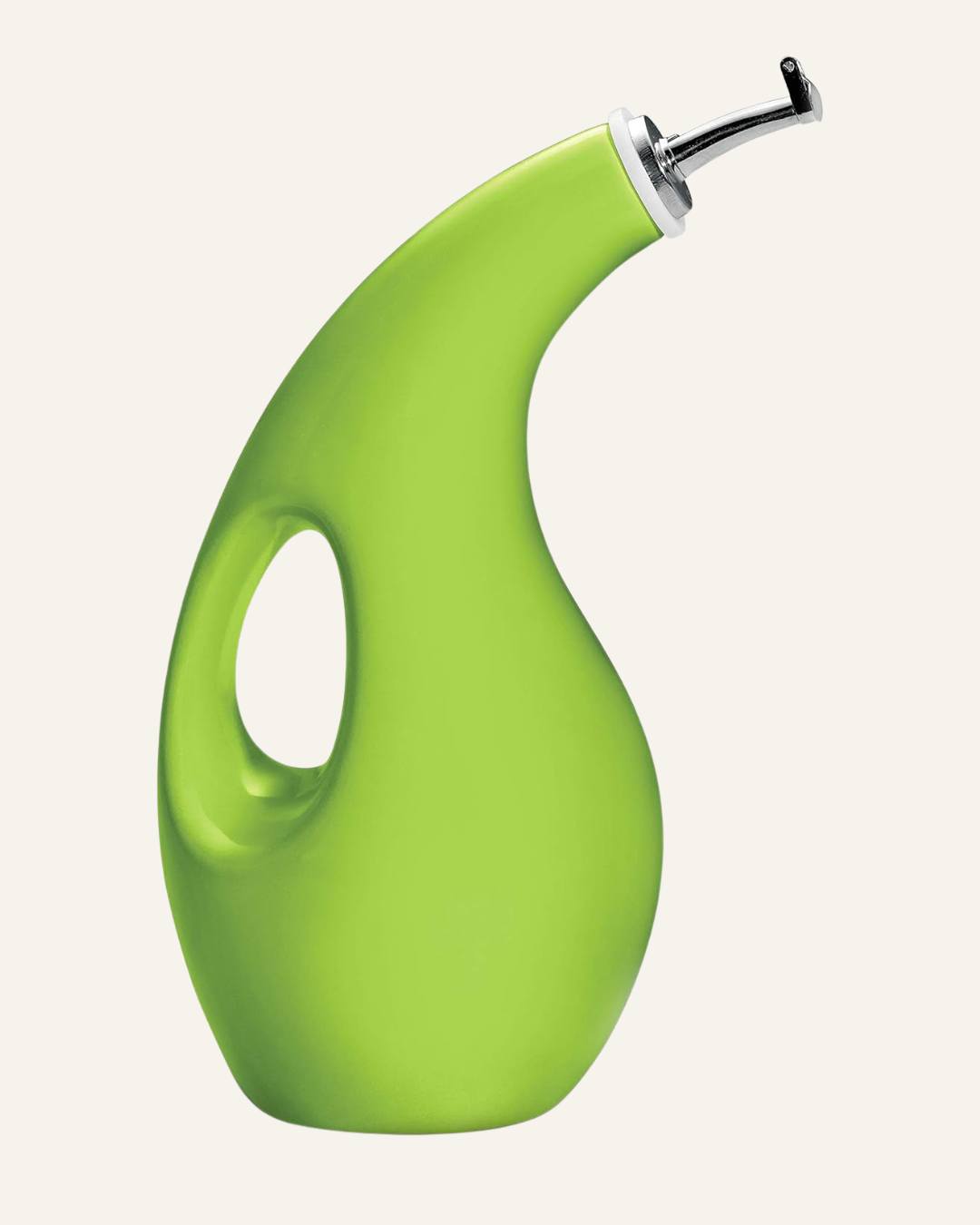 curved green stoneware olive oil dispenser with hole in the middle of the bottle