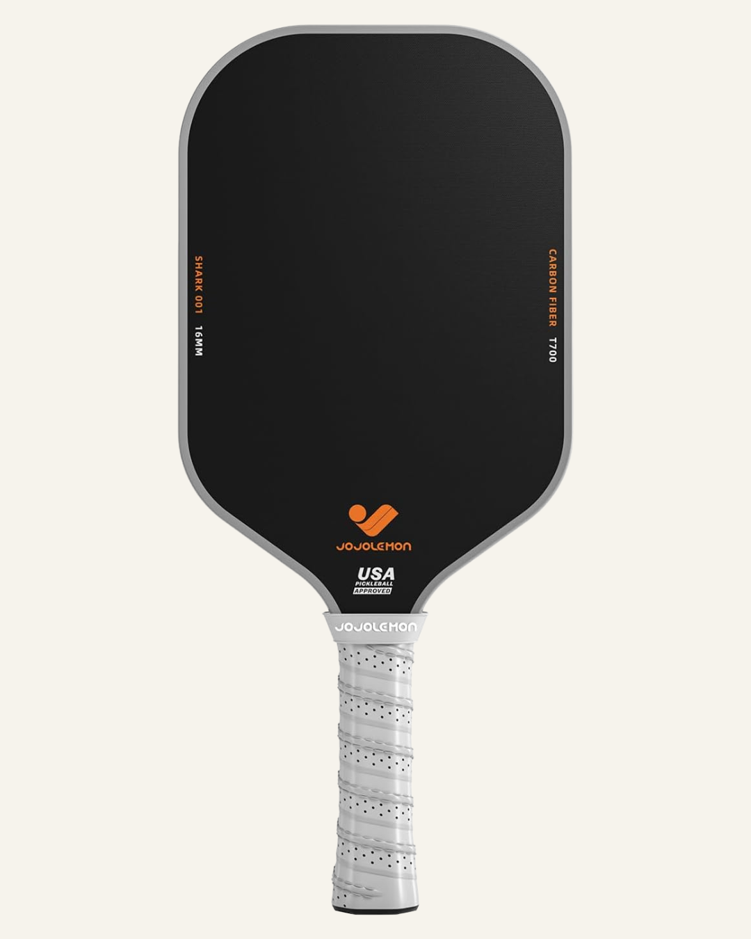grey pickleball paddle with text Jojolemon, carbon fibre T700, Shark 001 16MM