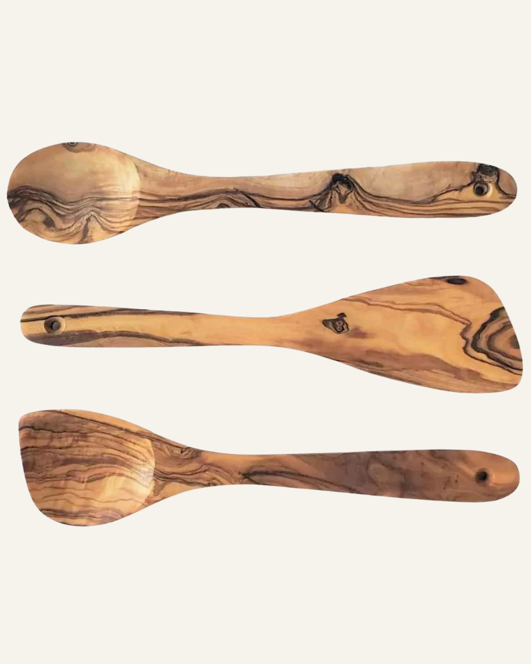 beautiful olive wood spatula, spoon and angled spoon