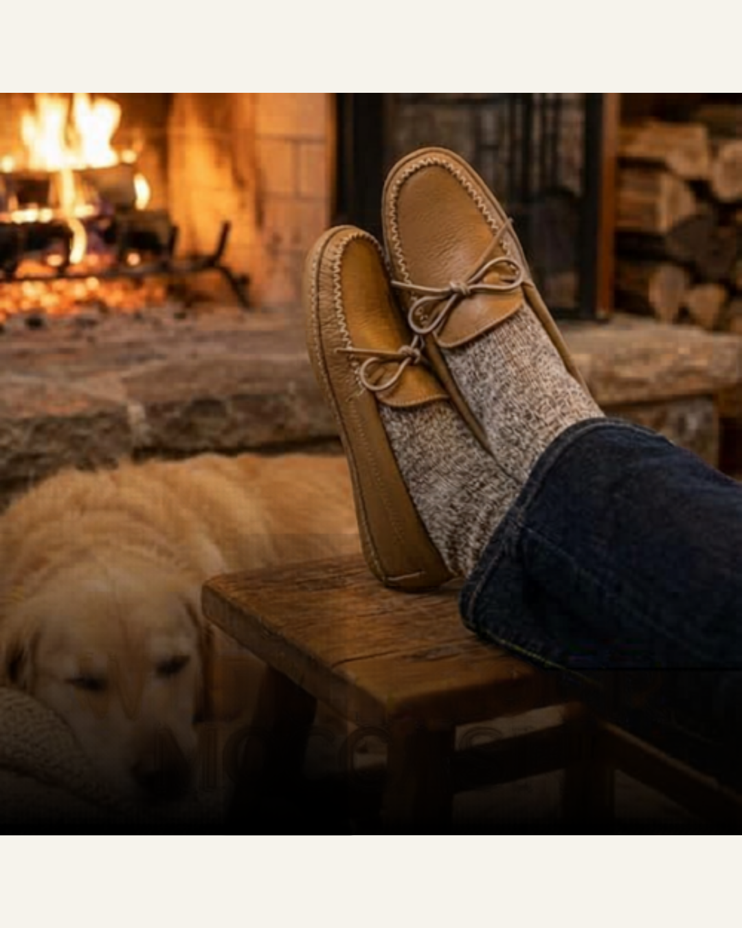leather moccasin slippers on coffee table with dog and fireplace