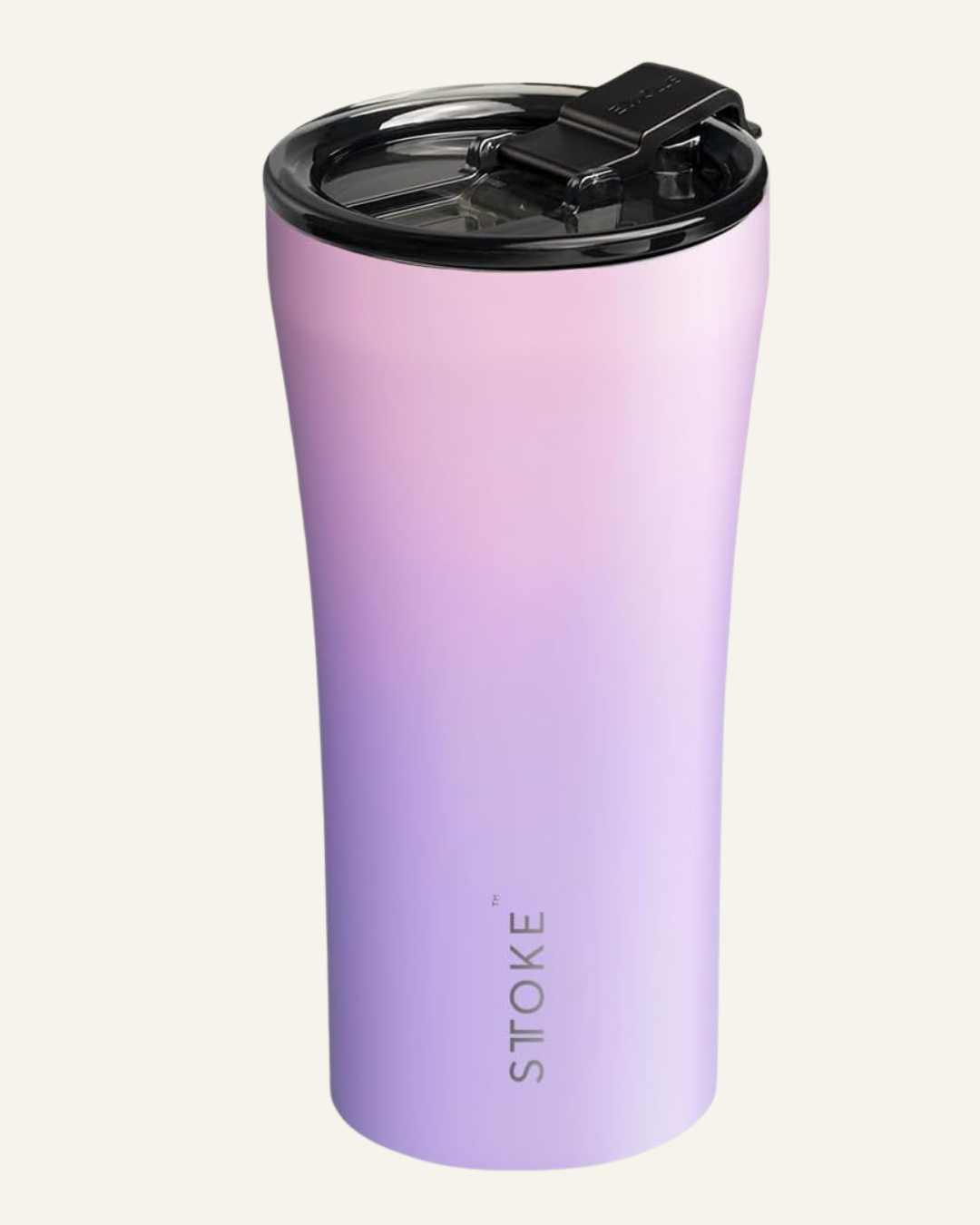 fading lilac purple ceramic mug with sealing lid and text Sttoke down the side