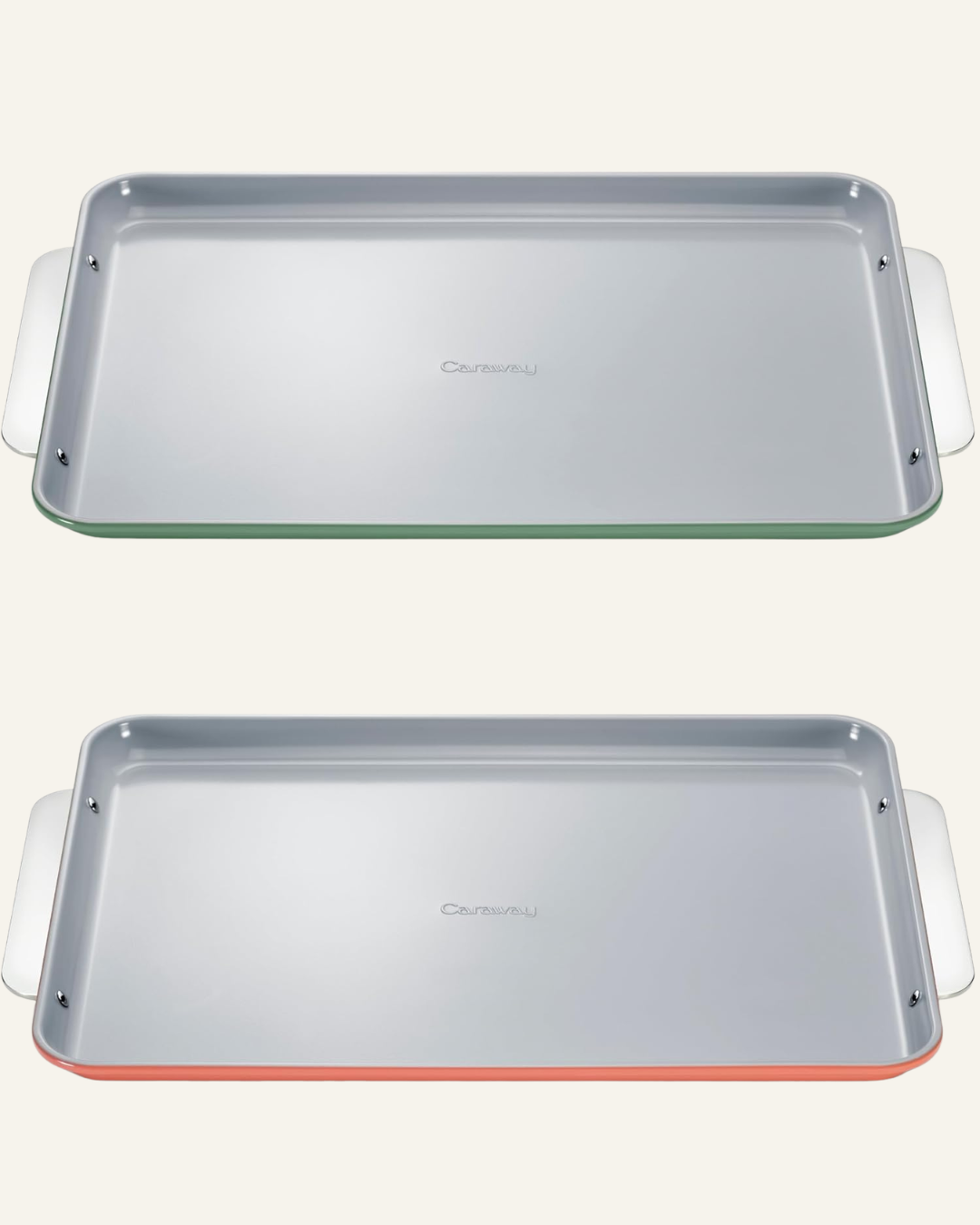 one green and one orange  ceramic baking sheet with the text Caraway in Centre