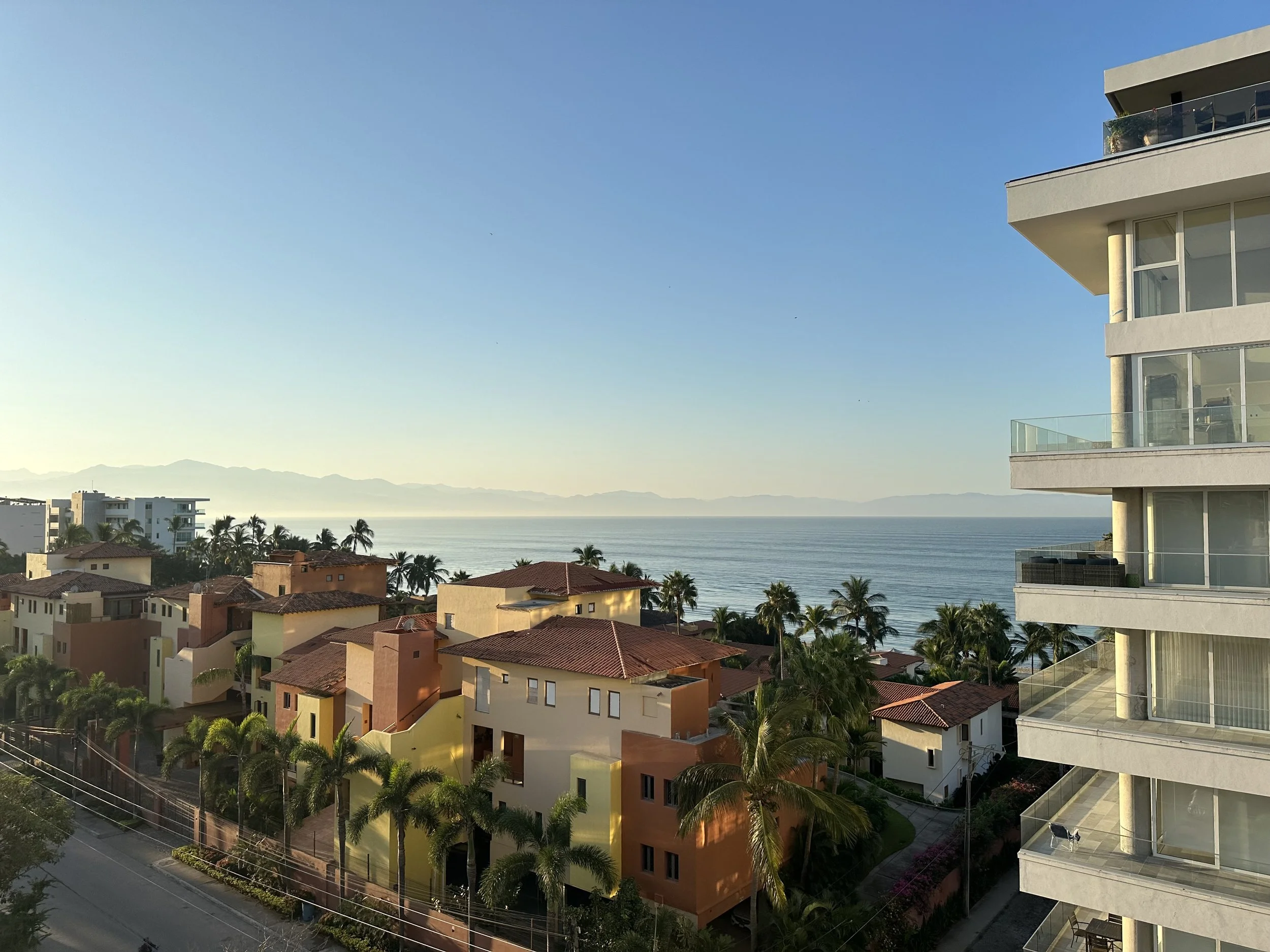 view of the beach, ocean, palm trees from balcony in Mexico with buildings in front