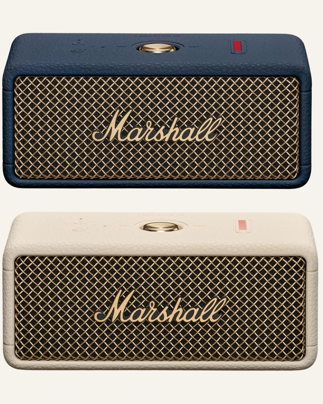 One Beige and one Navy Blue portable speaker with gold dial and red button on top and gold text Marshall over front mesh