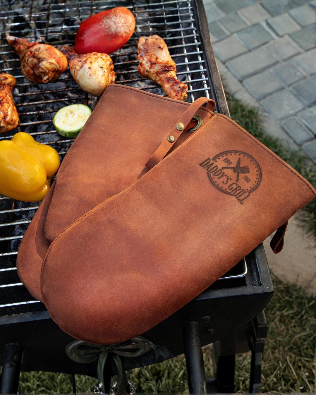 grill, brown leather personalized BBQ gloves