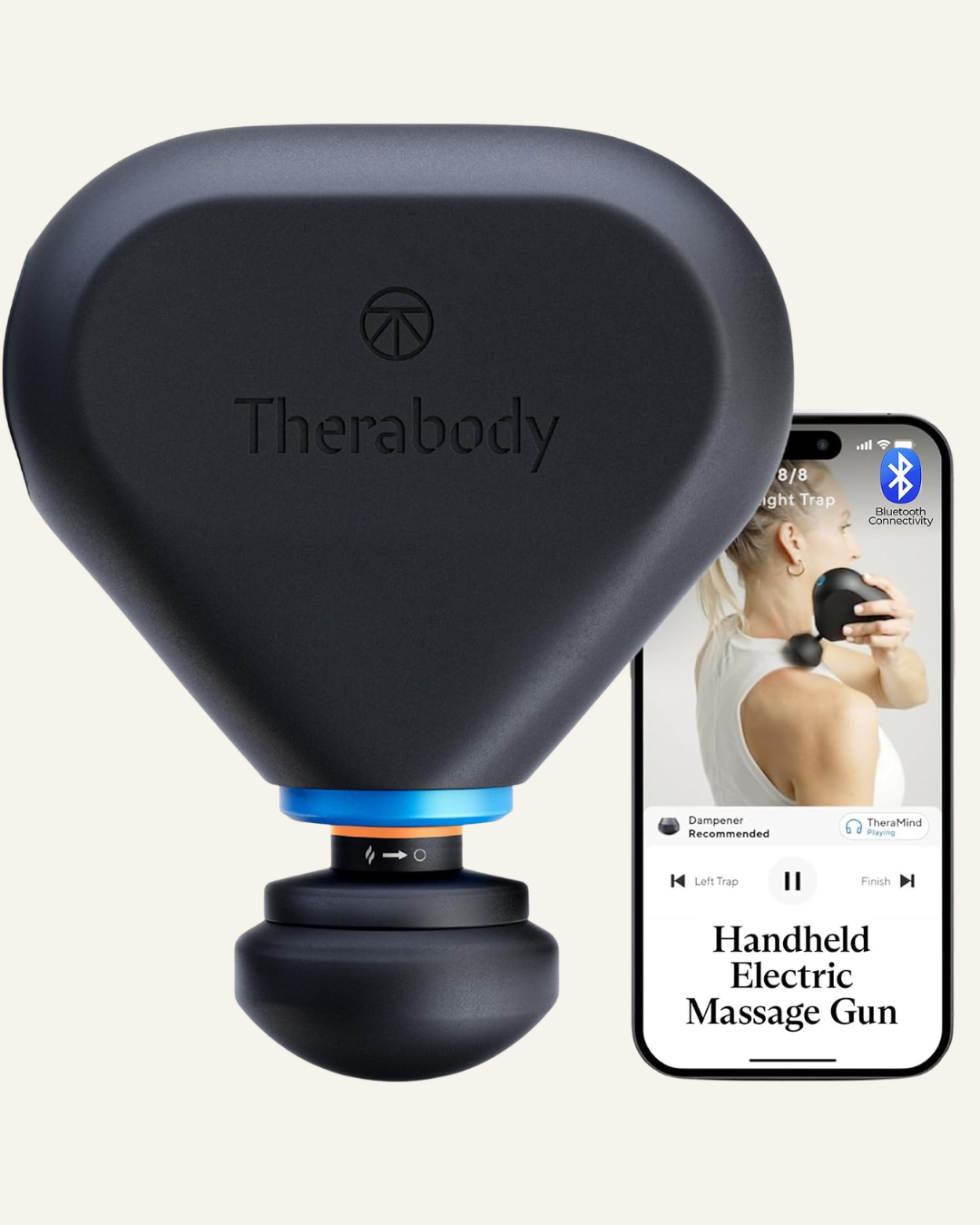 black massage gun with text Therabody on the front