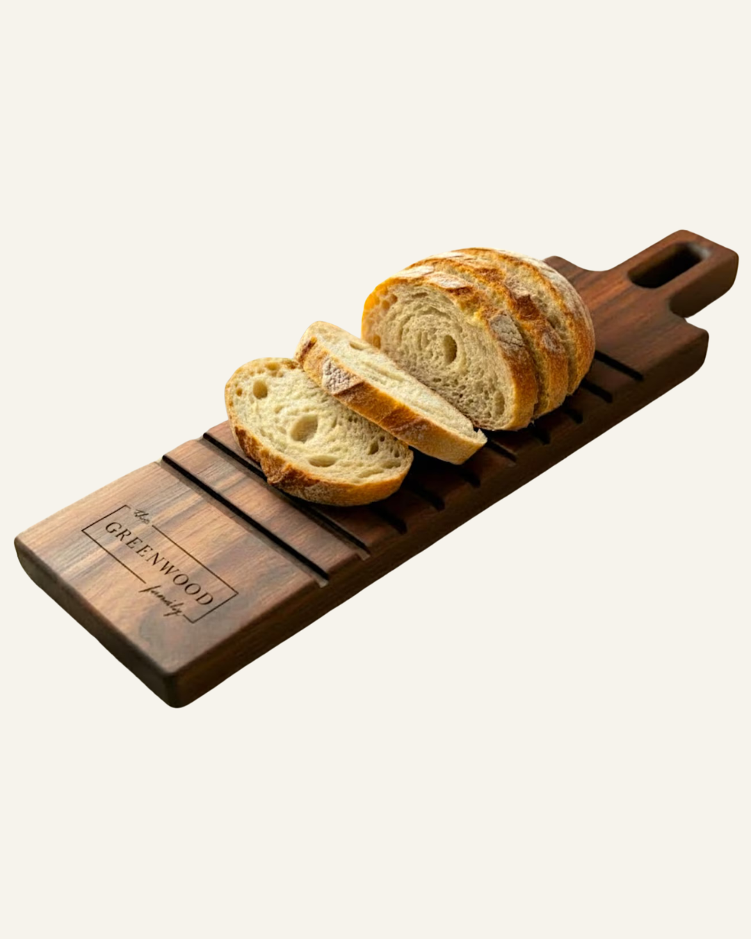 handmade maple wood bread cutting board, with ridges for slices and personalize at end with text The GREENWOOD family