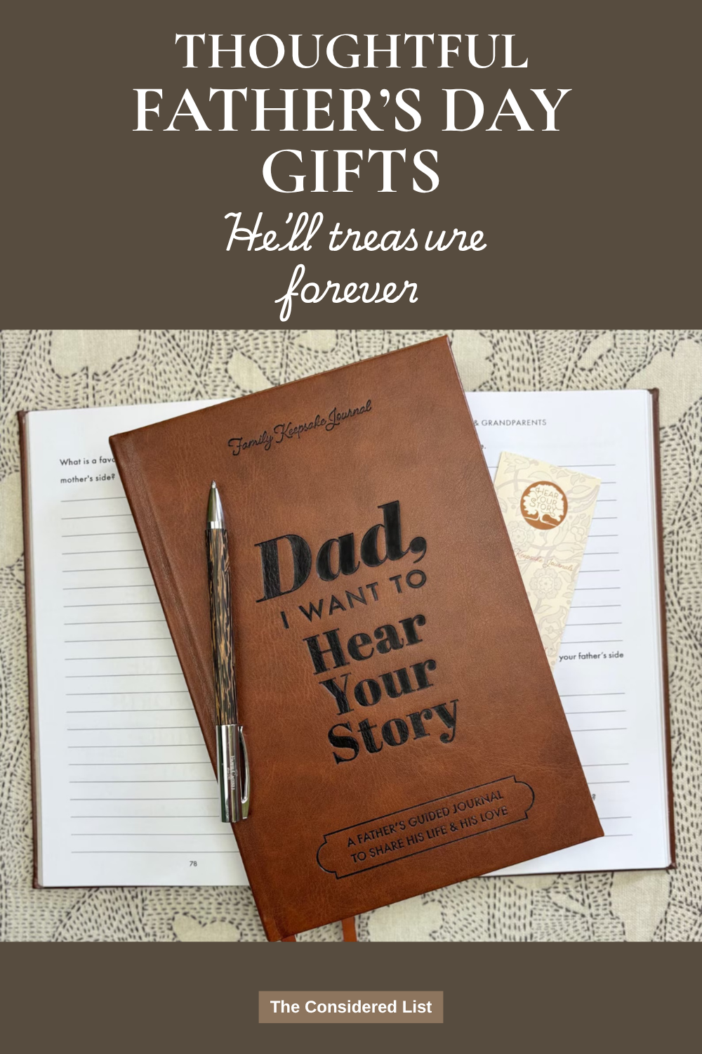 Pinterest PIN image with brown leather personalized journal and pen