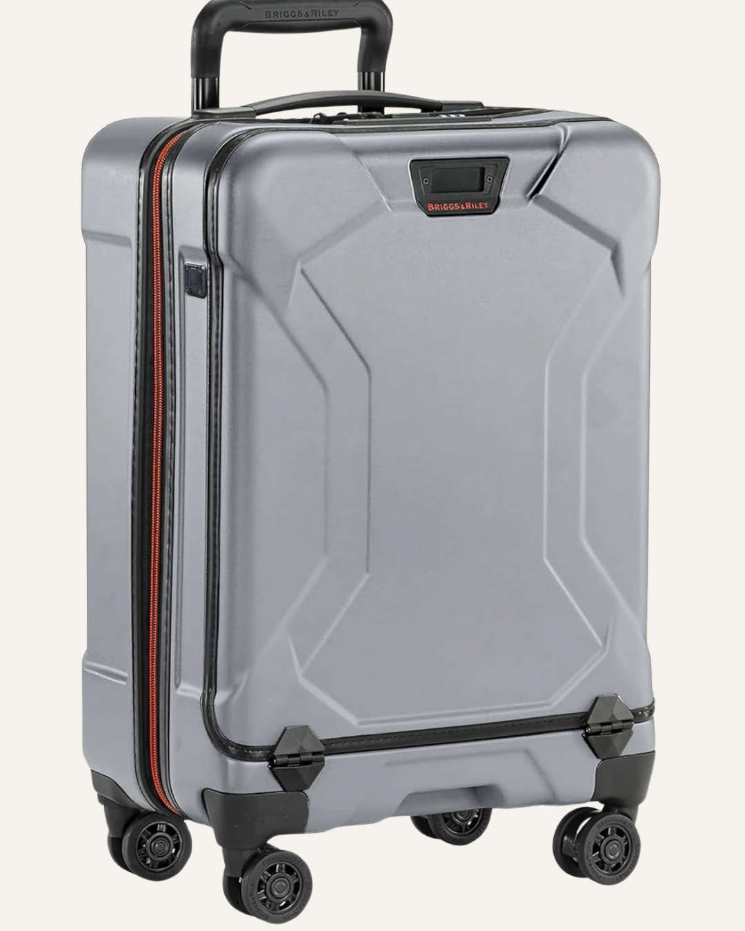 dark grey carry on suitcase with orange Briggs & Riley name and zipper