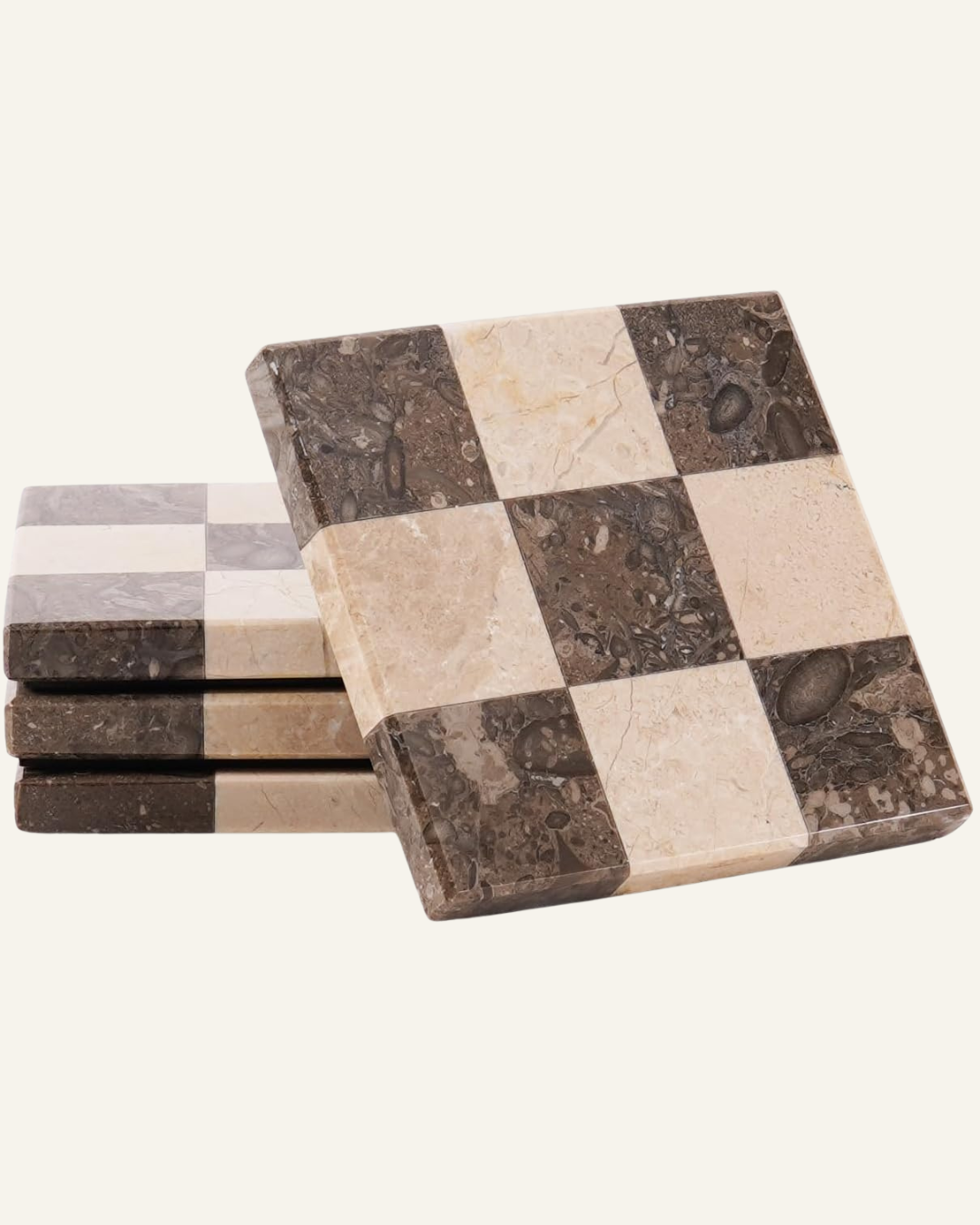 two dark brown and beige travertine marble coaster