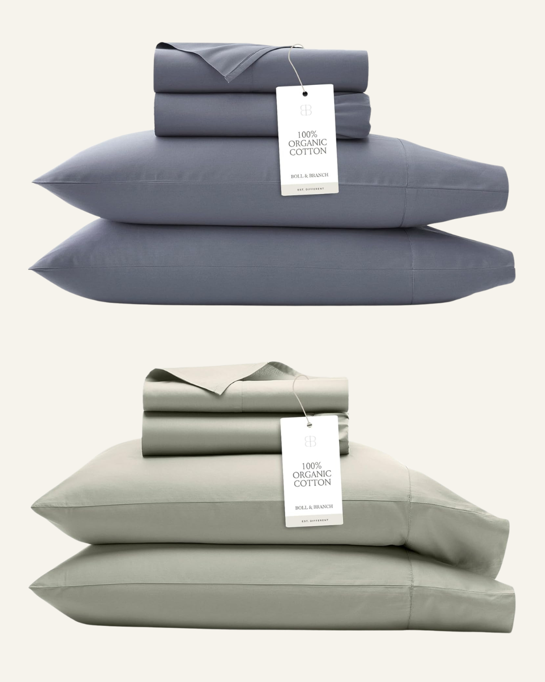 sage green and blue sheet sets and pillows,  a white tag with 100% Organic Cotton Boll & Branch text