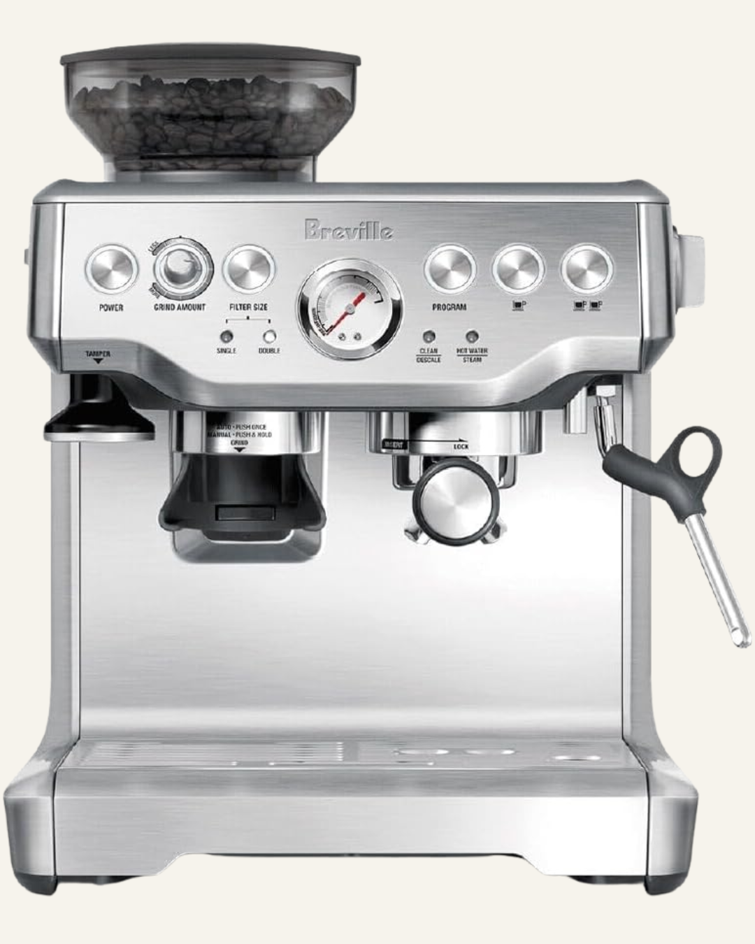 stainless steel Breville espresso maker and frother