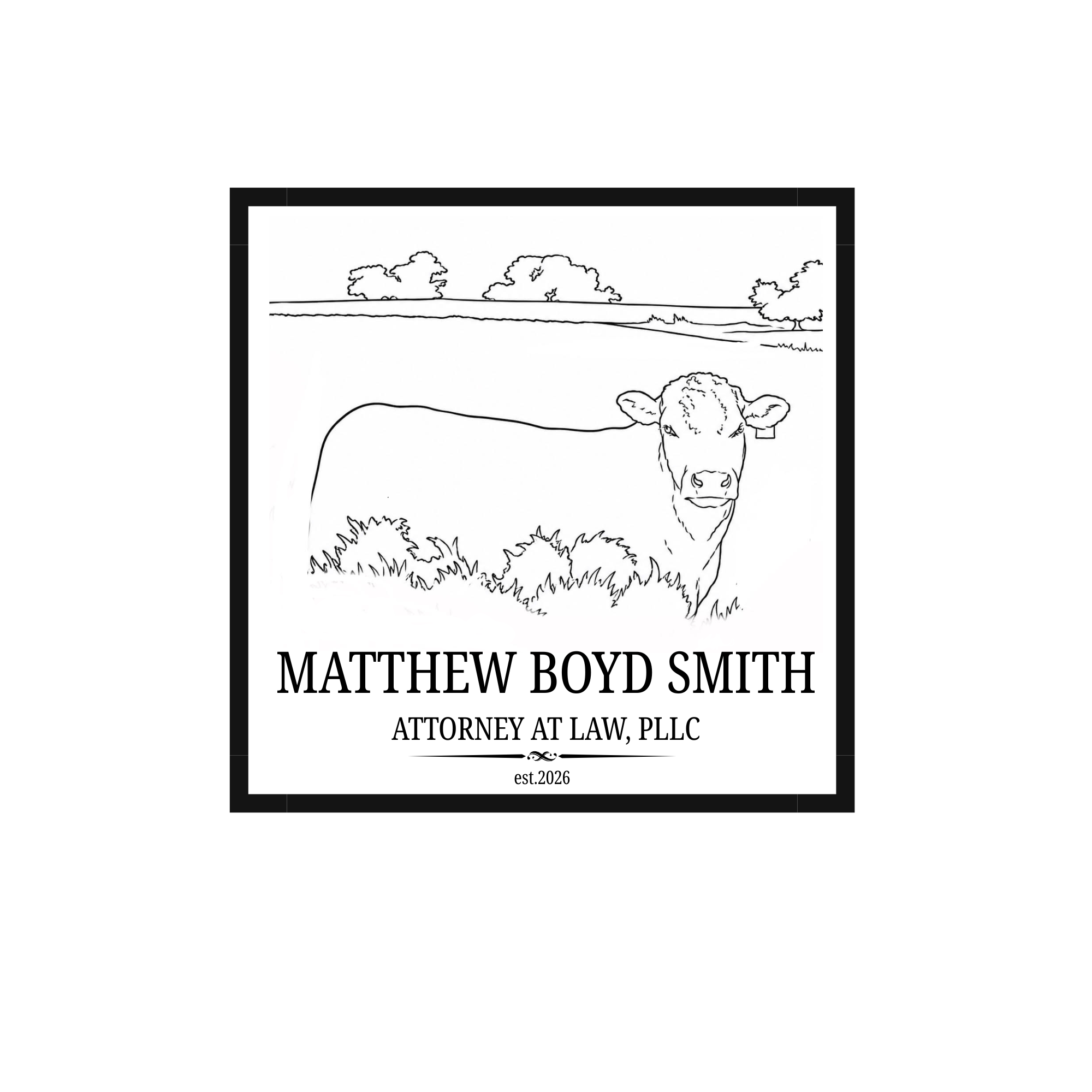 A black and white illustration of a landscape with trees and hills, featuring a cow in the foreground, behind a black frame, with text indicating a lawyer's name and establishment year.
