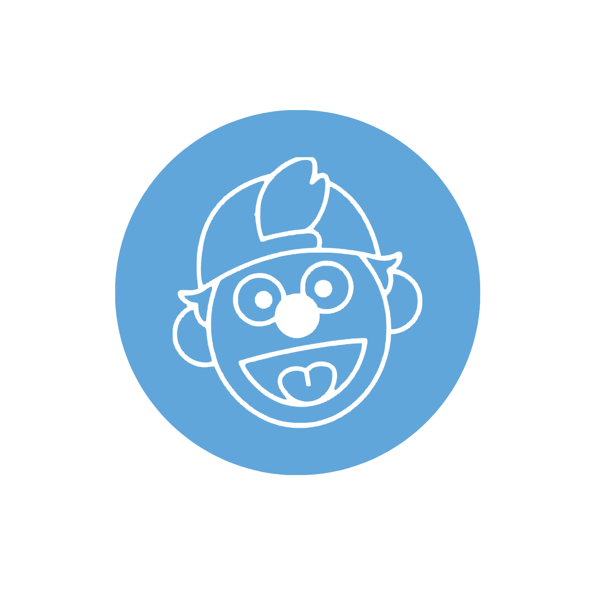 Line drawing of a happy cartoon character with a mohawk hairstyle in a blue circle background.