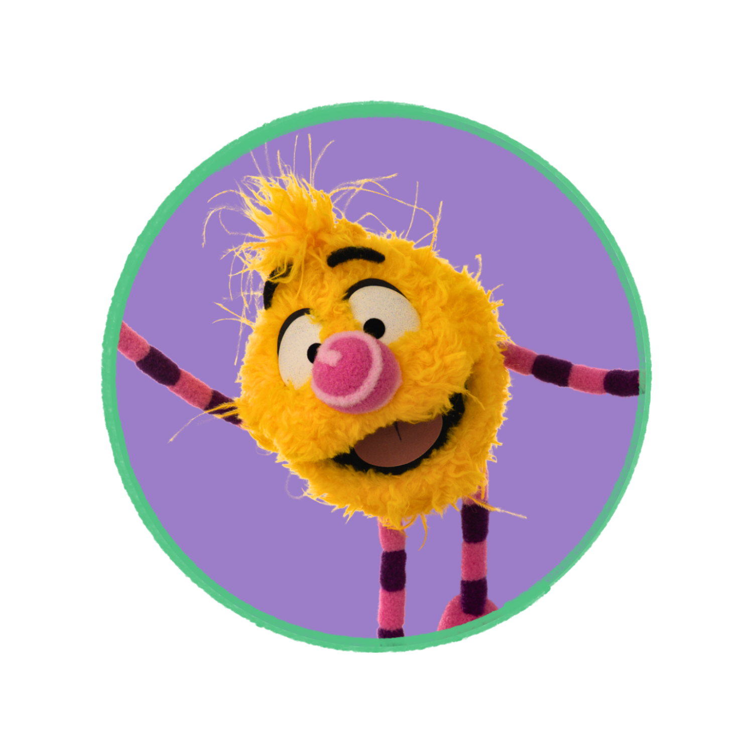 A colorful puppet character with a fuzzy yellow face, a pink nose, and striped pink and purple arms and legs, smiling against a purple background.