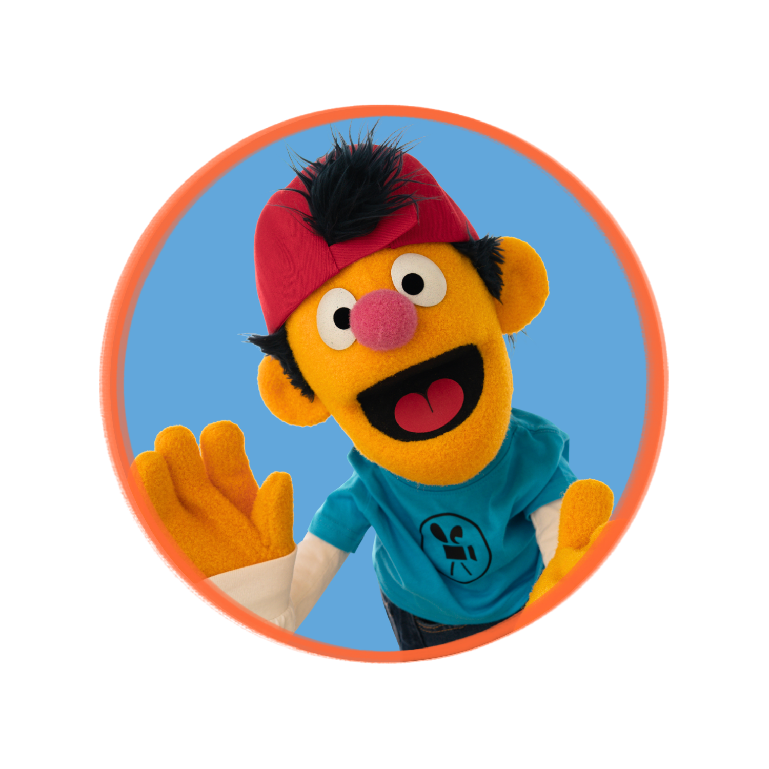 A puppet character with yellow skin, black spiky hair, and a red hat, wearing a blue T-shirt with a logo, waving with a cheerful expression.