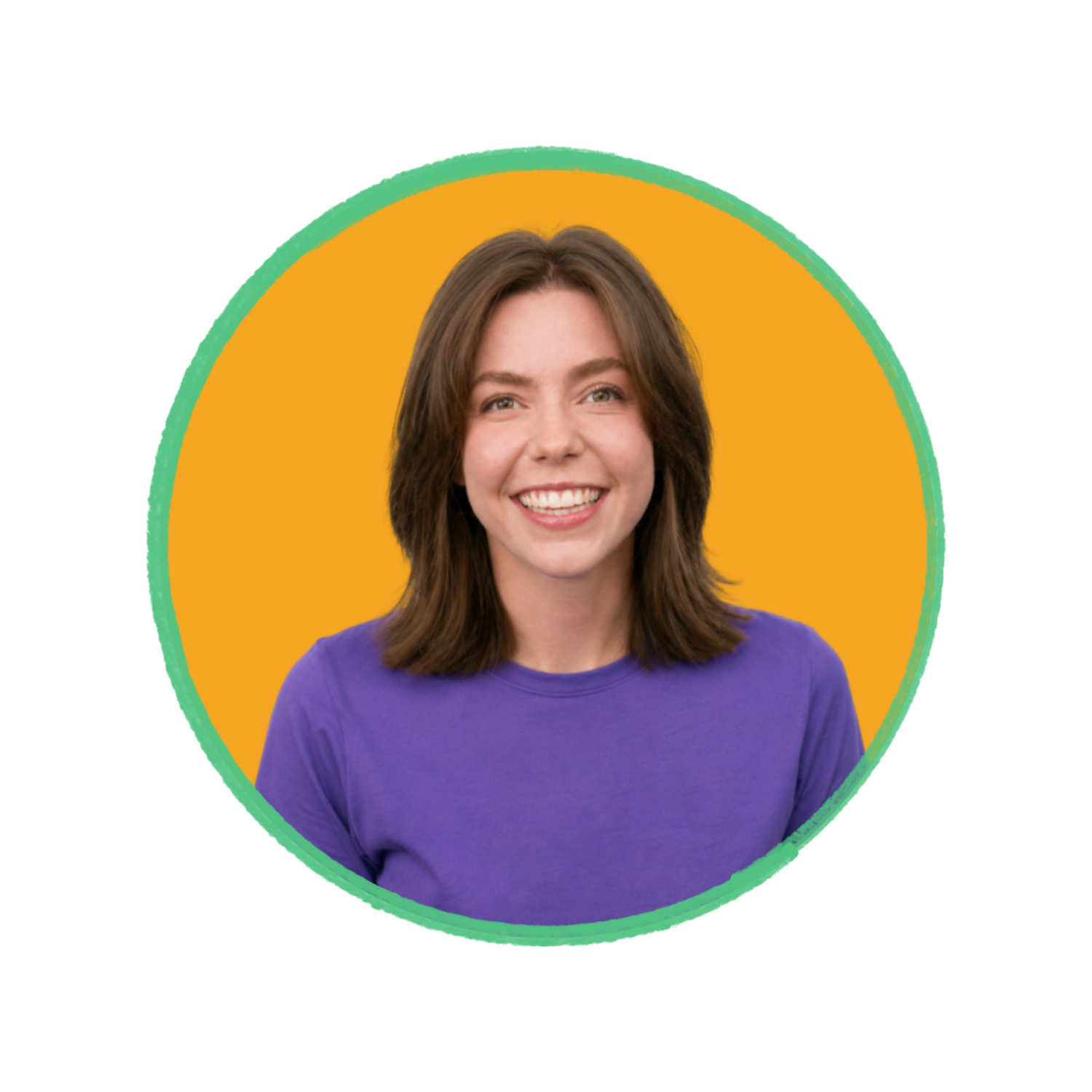 A young woman with shoulder-length brown hair, smiling, wearing a purple shirt, against a yellow background with a green circular outline.