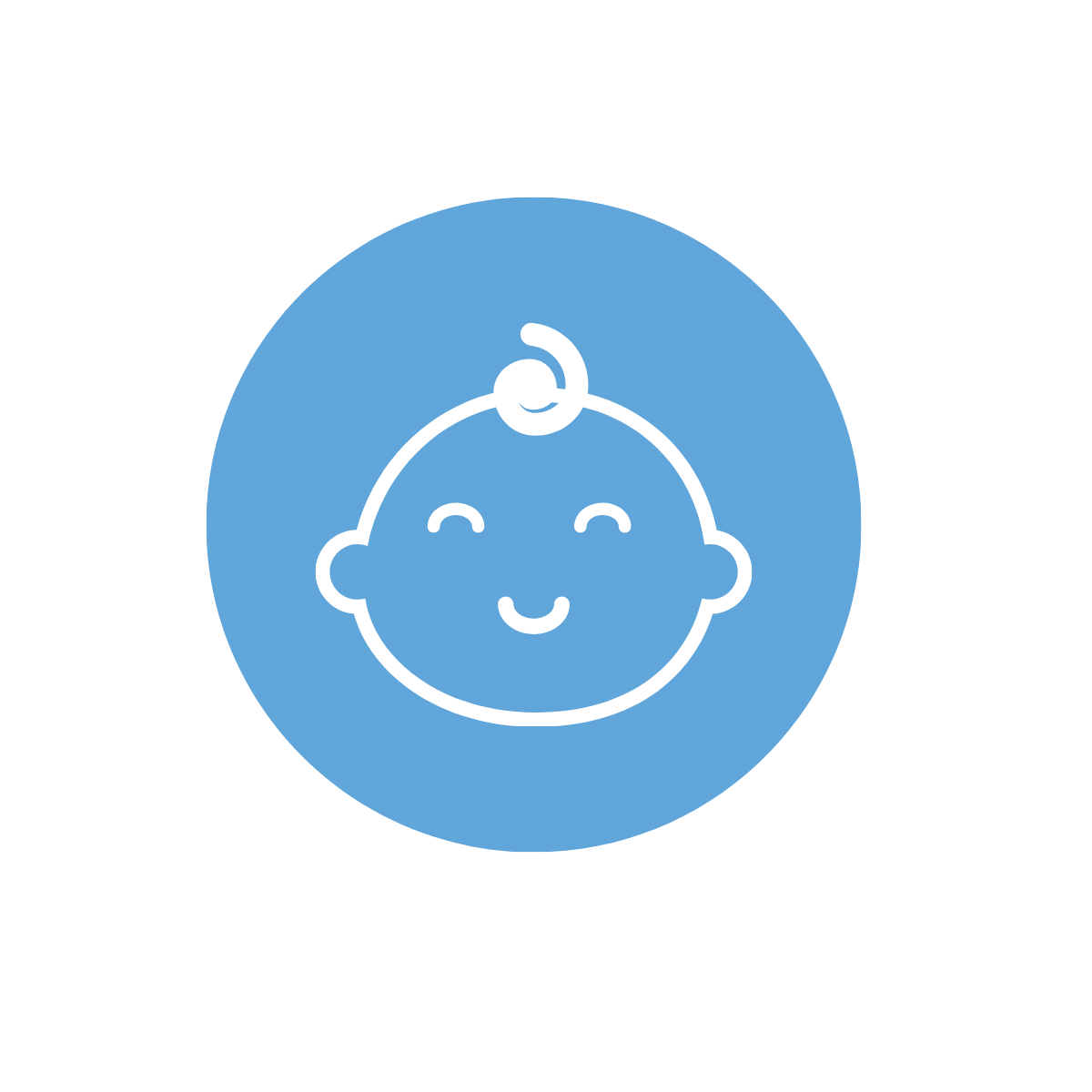 Icon of a smiling baby's face with a curl of hair on top, inside a blue circle.
