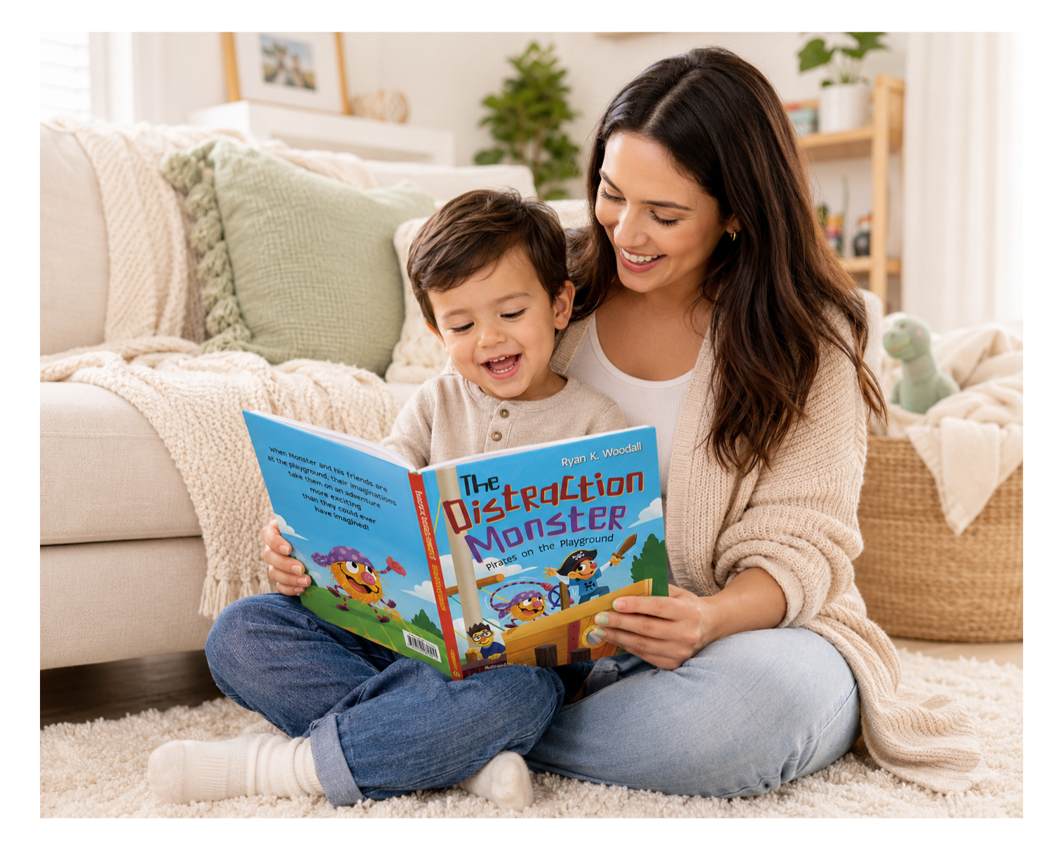 A woman and a young boy sitting on a beige carpet, reading a colorful children's book titled 'The Distracted Monster' in a bright living room with a cream sofa, green pillows, a woven basket, and houseplants.