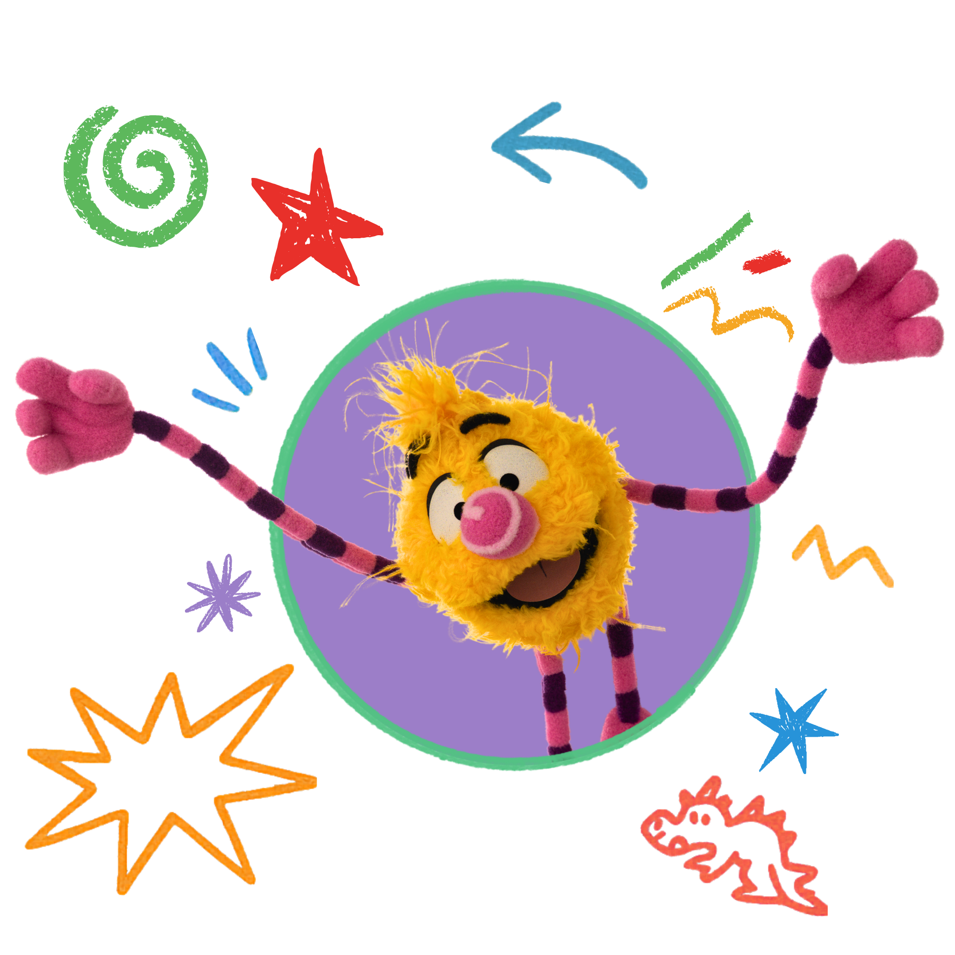 A felt puppet of a yellow lion with a pink nose and a big smile, raising its arms. The background has colorful stars and zigzag patterns.