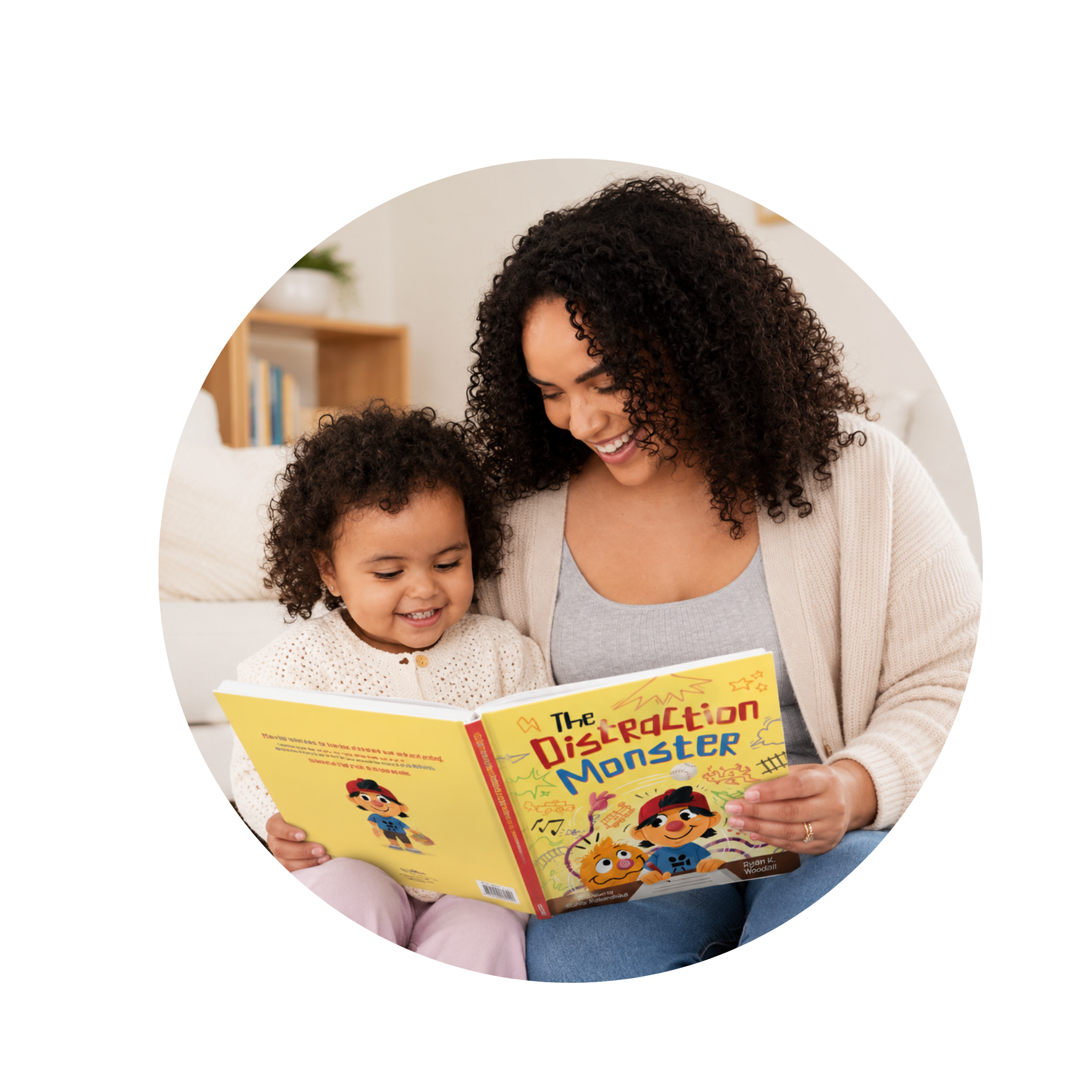 Mom and daughter reading a colorful children's book titled "The Distraction Monster" together on a couch in a cozy living room.