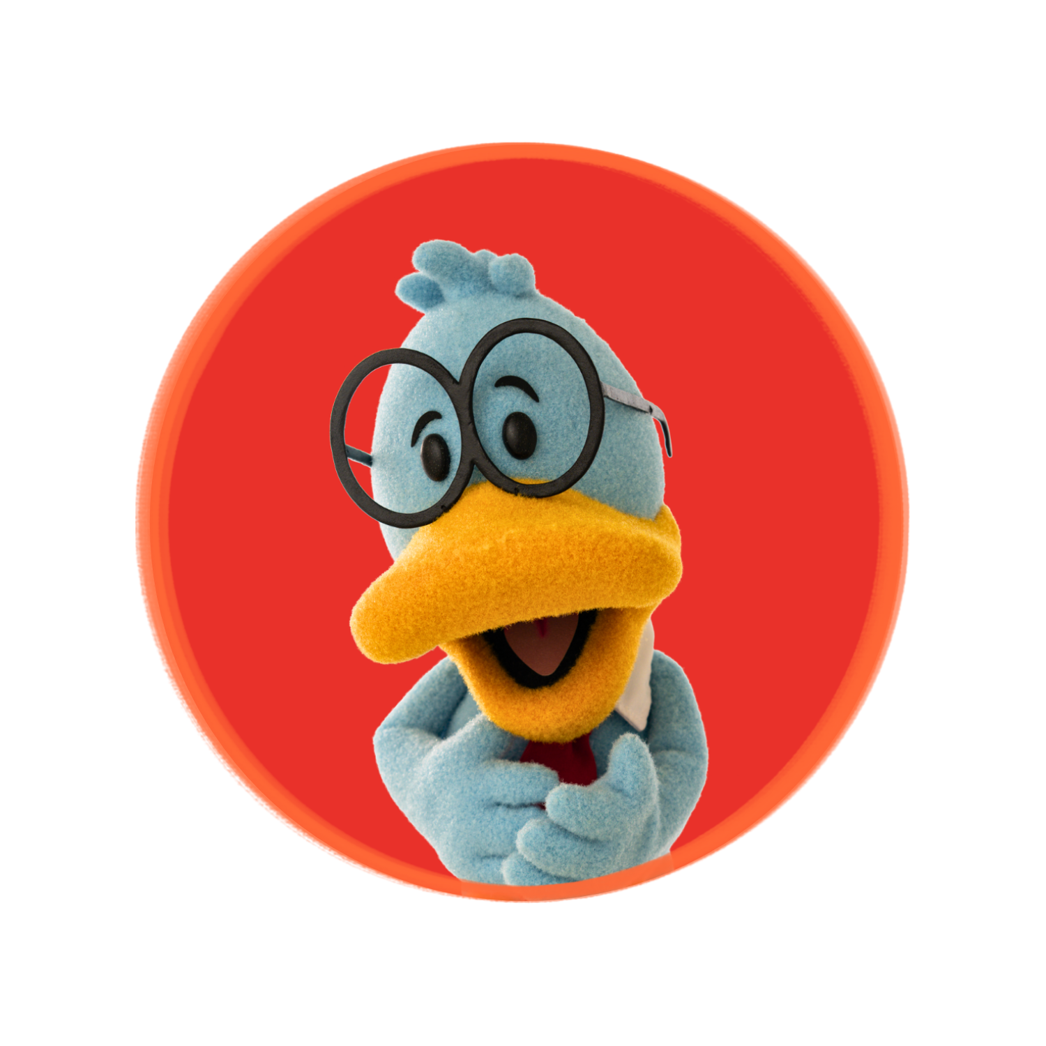 A plush toy of a blue duck wearing large black glasses, a red vest, and smiling, against a red background.