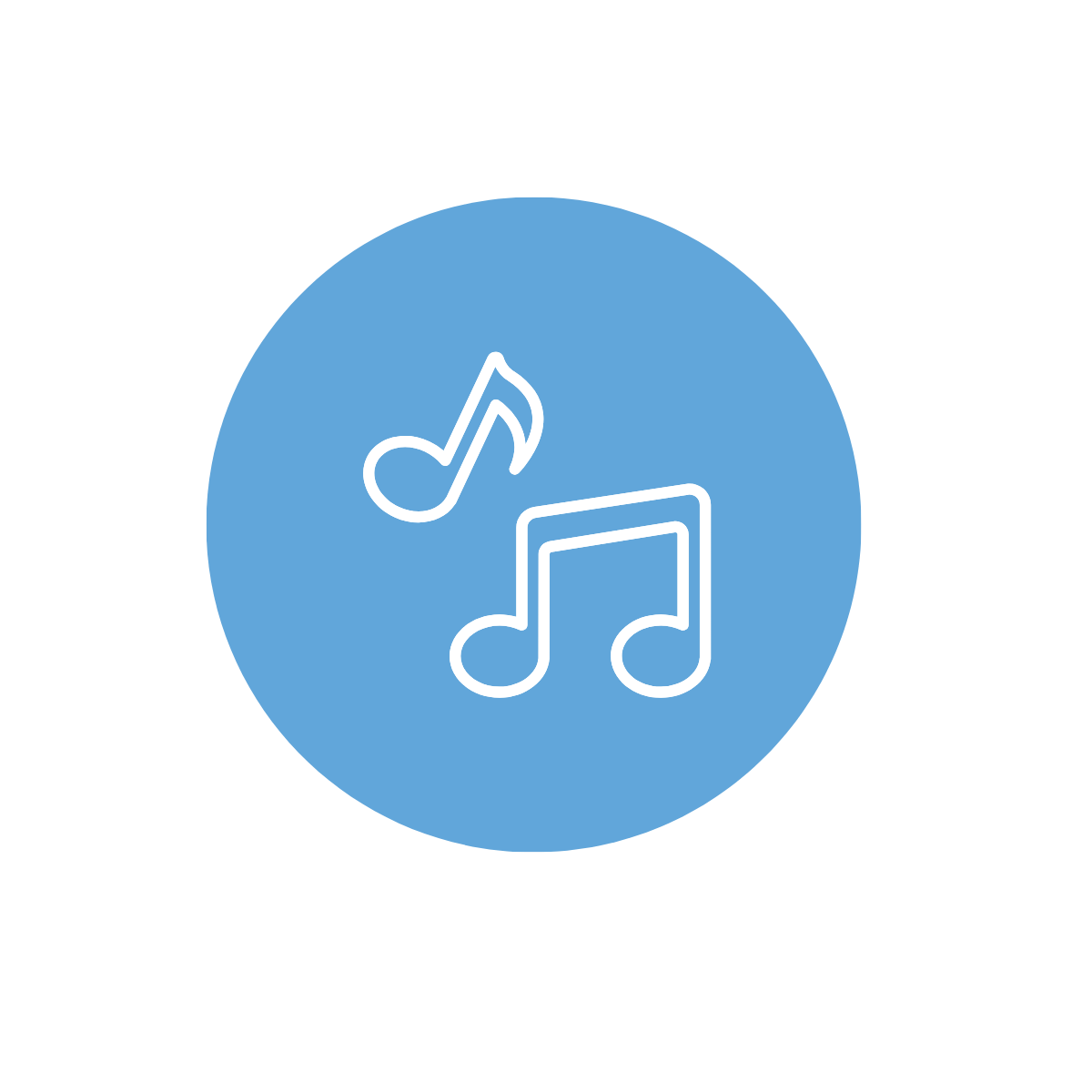 Blue circular icon with two white musical notes inside.