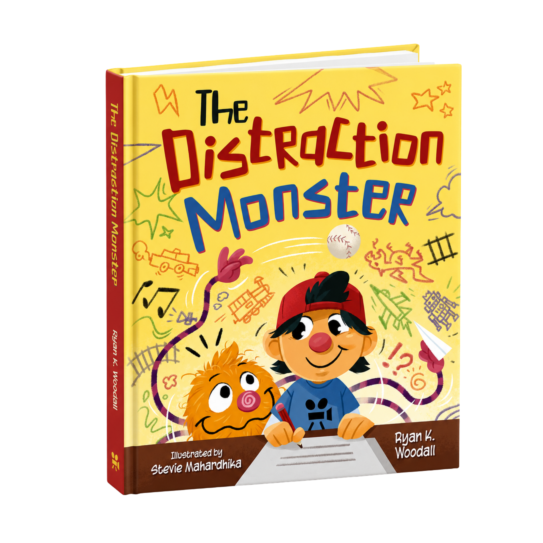 Colorful children's book titled 'The Distraction Monster' with cartoon illustrations of a girl with a red hat and a fuzzy orange monster. The cover features doodles of stars, a baseball, and various scribbles.