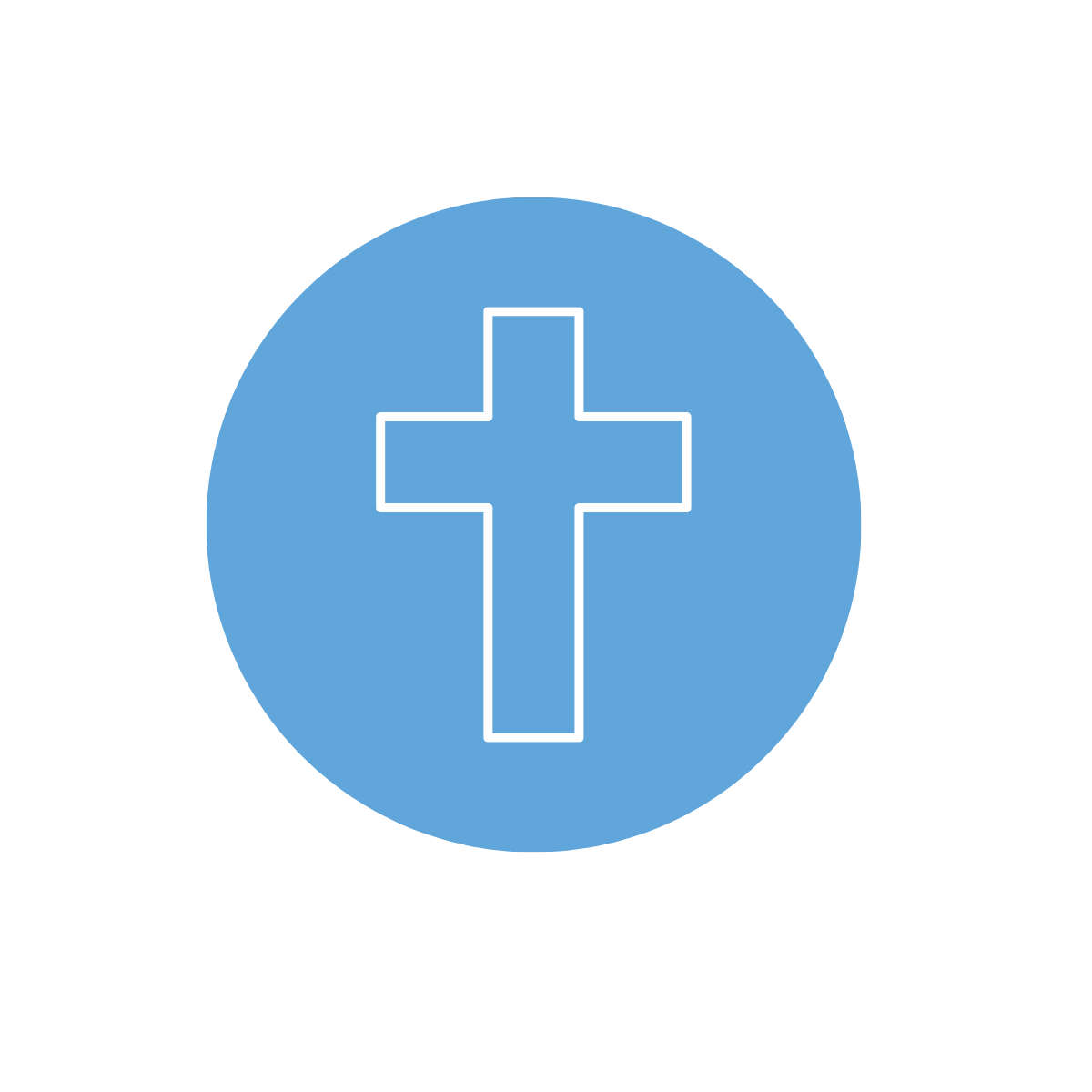 Blue circular icon with a white outline of a cross inside.