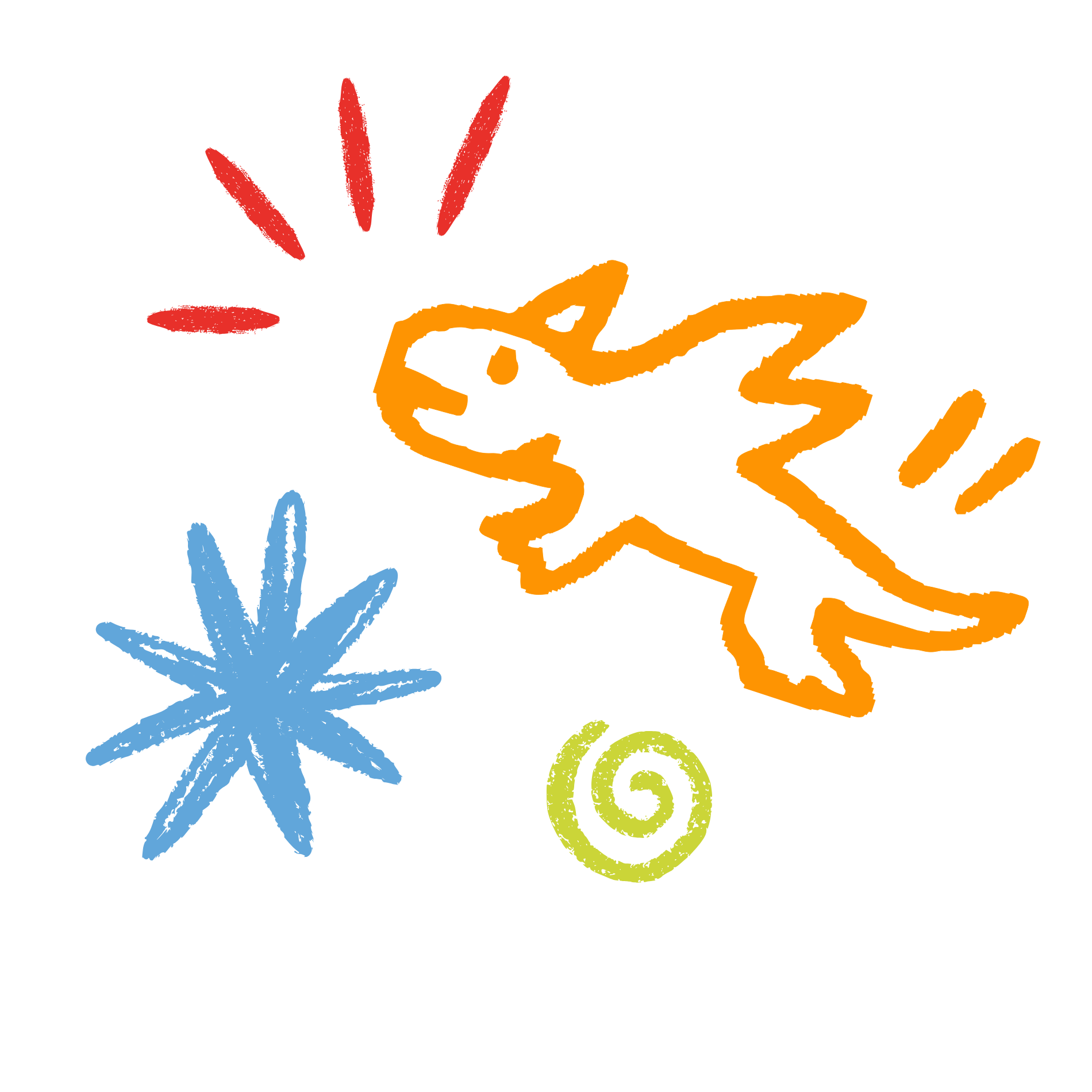Colorful chalk drawings of fireworks, stars, a rocket, a swirly shape, and other abstract designs on a black background.