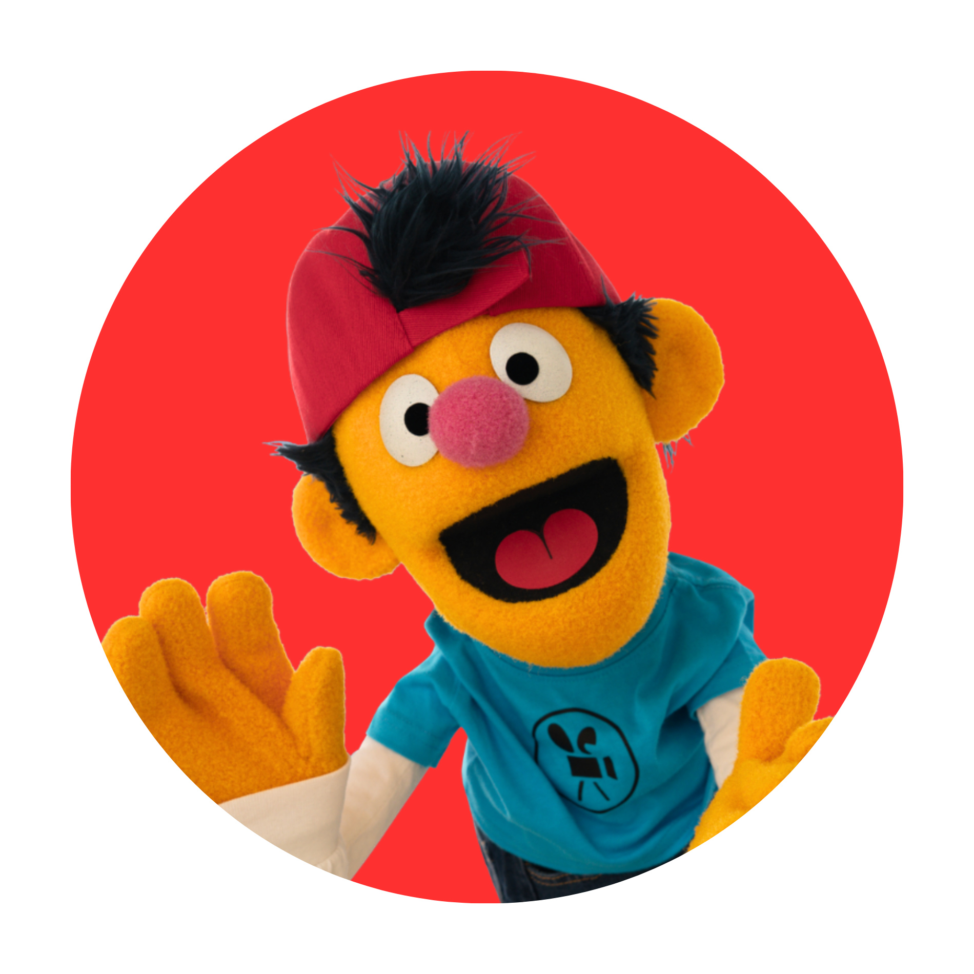 A puppet character with a yellow face, wearing a red hat with black hair, a blue shirt, and white sleeves, smiling and waving against a red background.