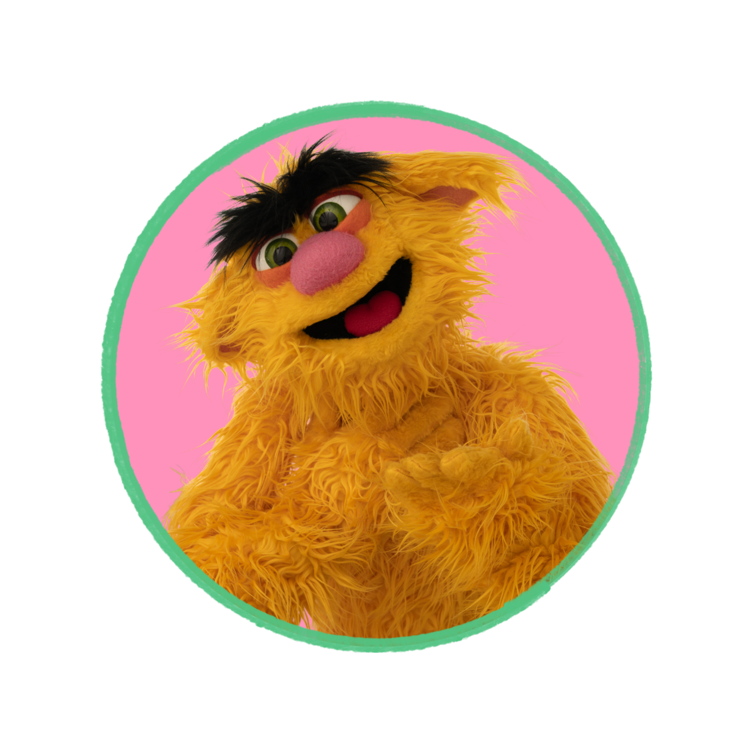 Detailed Image of a colorful puppet with yellow fur, pink nose, big green eyes, black hair, and an expressive face, set against a pink background within a circular frame.