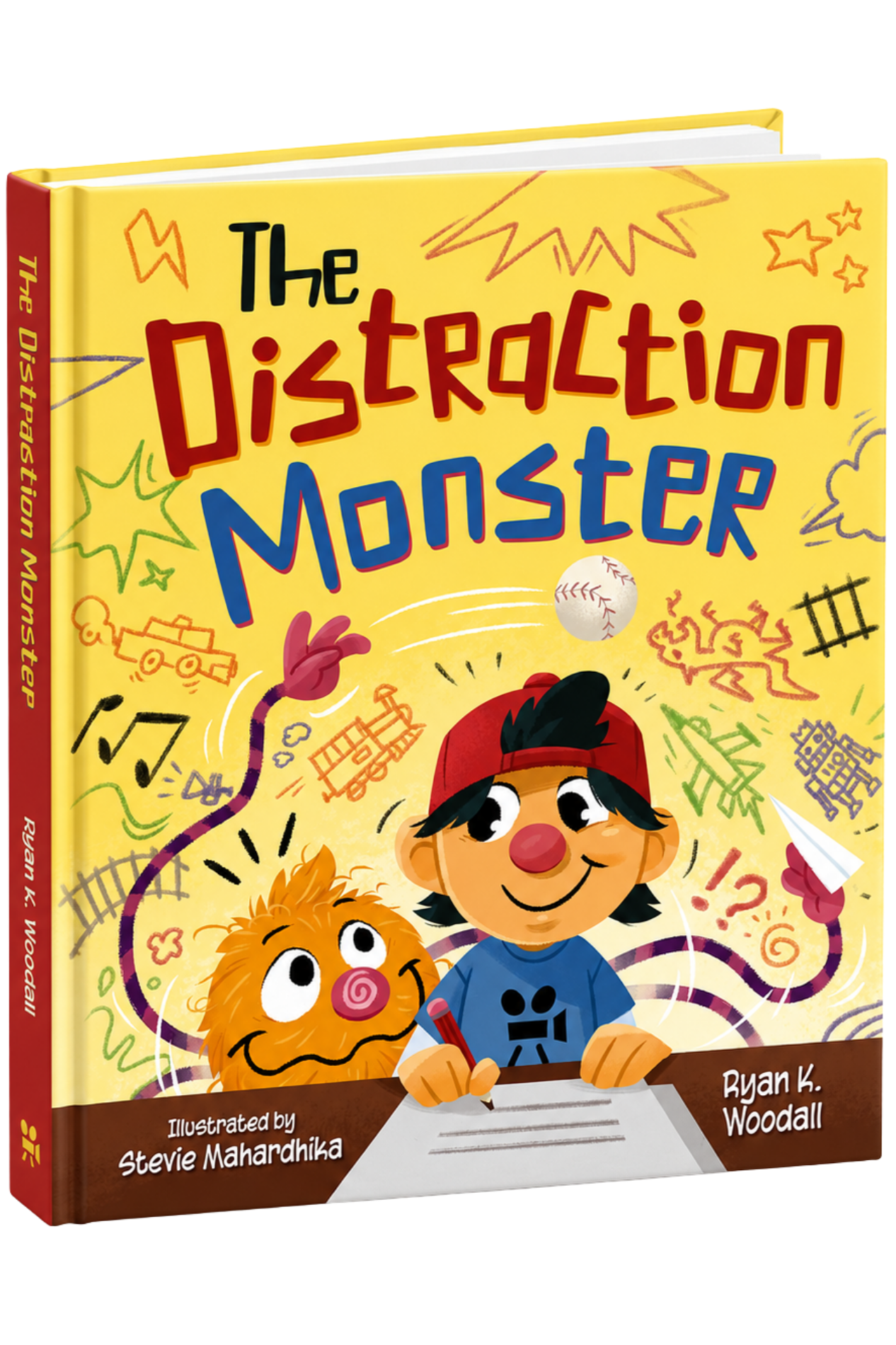 Cover of a children's book titled "The Distraction Monster" featuring a happy boy in a red cap and a furry orange monster with big eyes, surrounded by colorful doodles and scribbles.