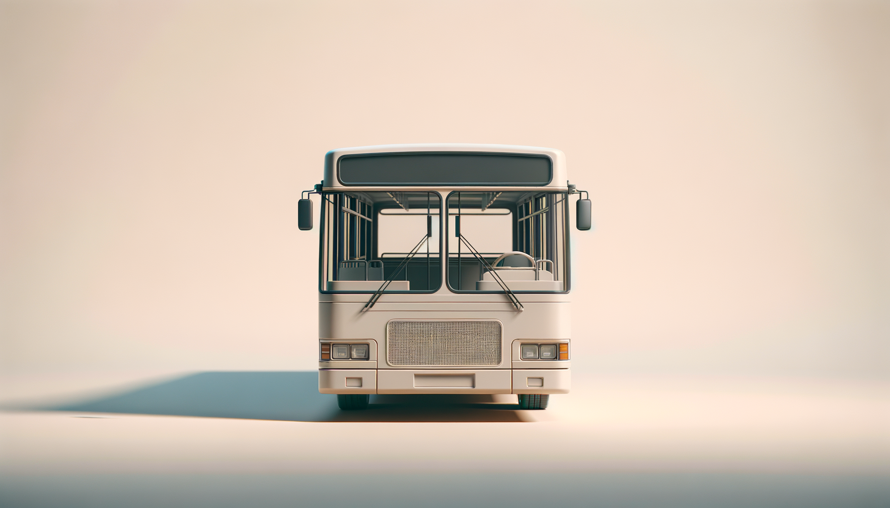 Front view of a vintage white bus with large windshield and side mirrors, casting a shadow on a plain, light-colored background.