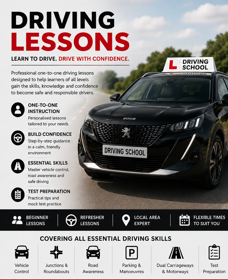 Signboard advertising driving lessons from a driving school, displaying various services and skills covered, with a black car and a 'L' sign on top, on an open road with trees and a blue sky in the background.