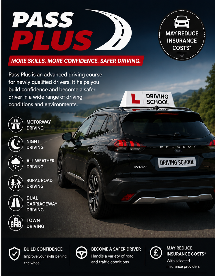 Brochure for Pass Plus advanced driving course featuring a black Peugeot SUV with a driving school sign, road graphic, and icons for highway, night, all-weather, rural, dual carriageway, and town driving, emphasizing confidence, safer driving, and insurance cost reduction.