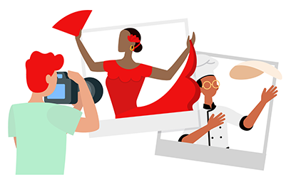 A photographer capturing a Spanish flamenco dancer and an Italian pizza maker — European cultural experiences available to Years 11 and 12 students on the Allbright Global Academy AP-style online high school European History study trip