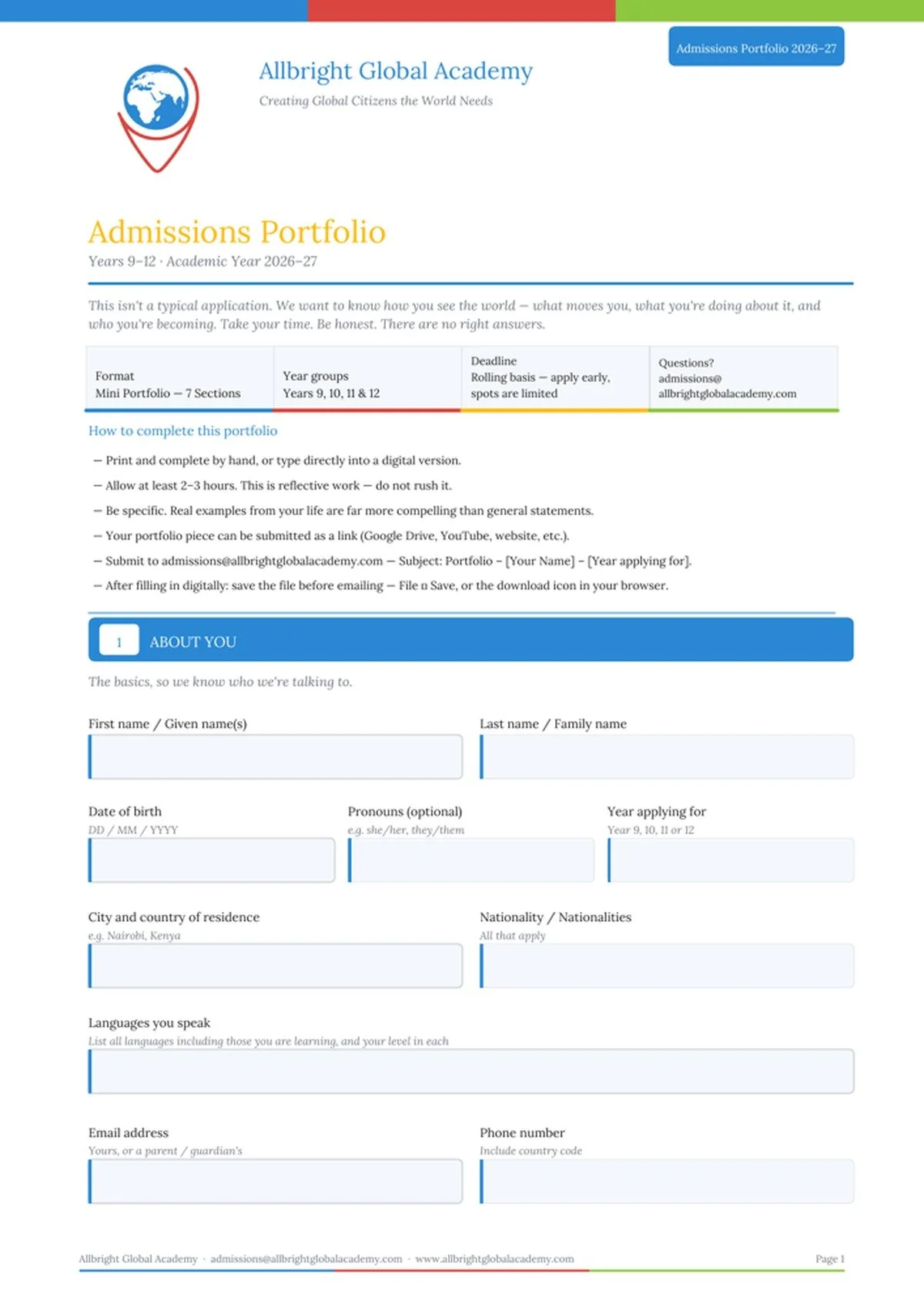 Image is of the front page of the admission packet for Allbright Global Academy, an online high school.