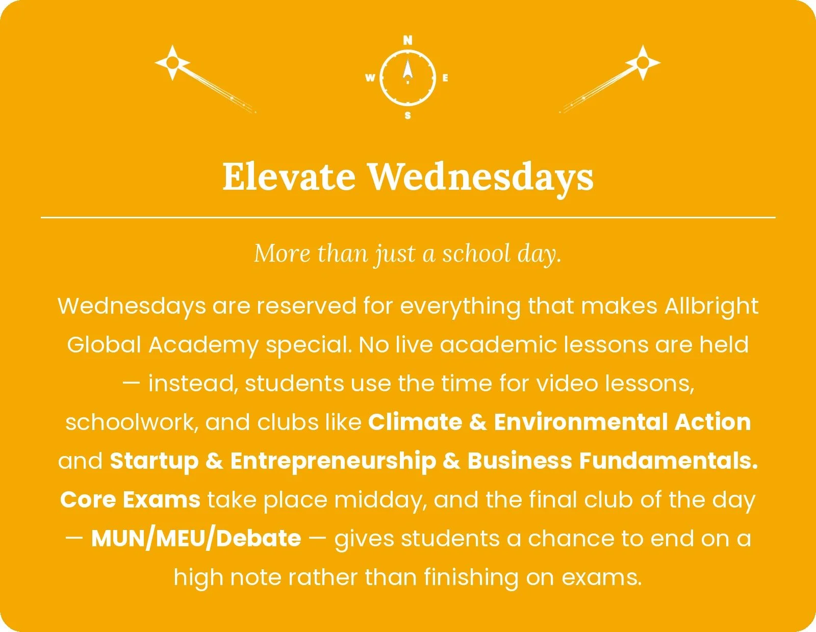 Allbright Global Academy Elevate Wednesdays image. Wednesday is not another school day, it full of clubs and also gives students the chance to take their one core test without focusing on other classes.