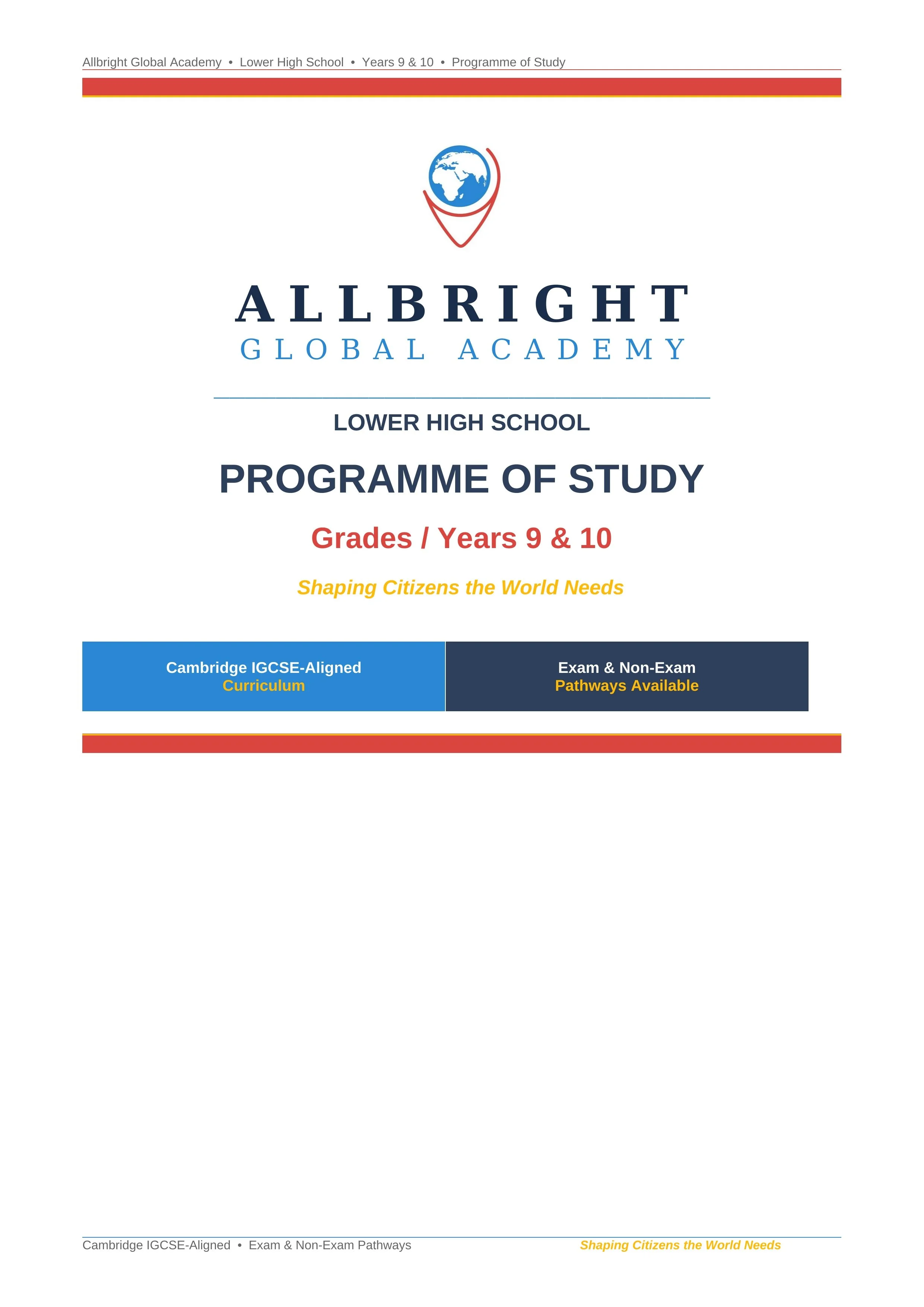 Allbright Global Academy Lower High School Programme of Study — Years 9 & 10 IGCSE-Style Curriculum