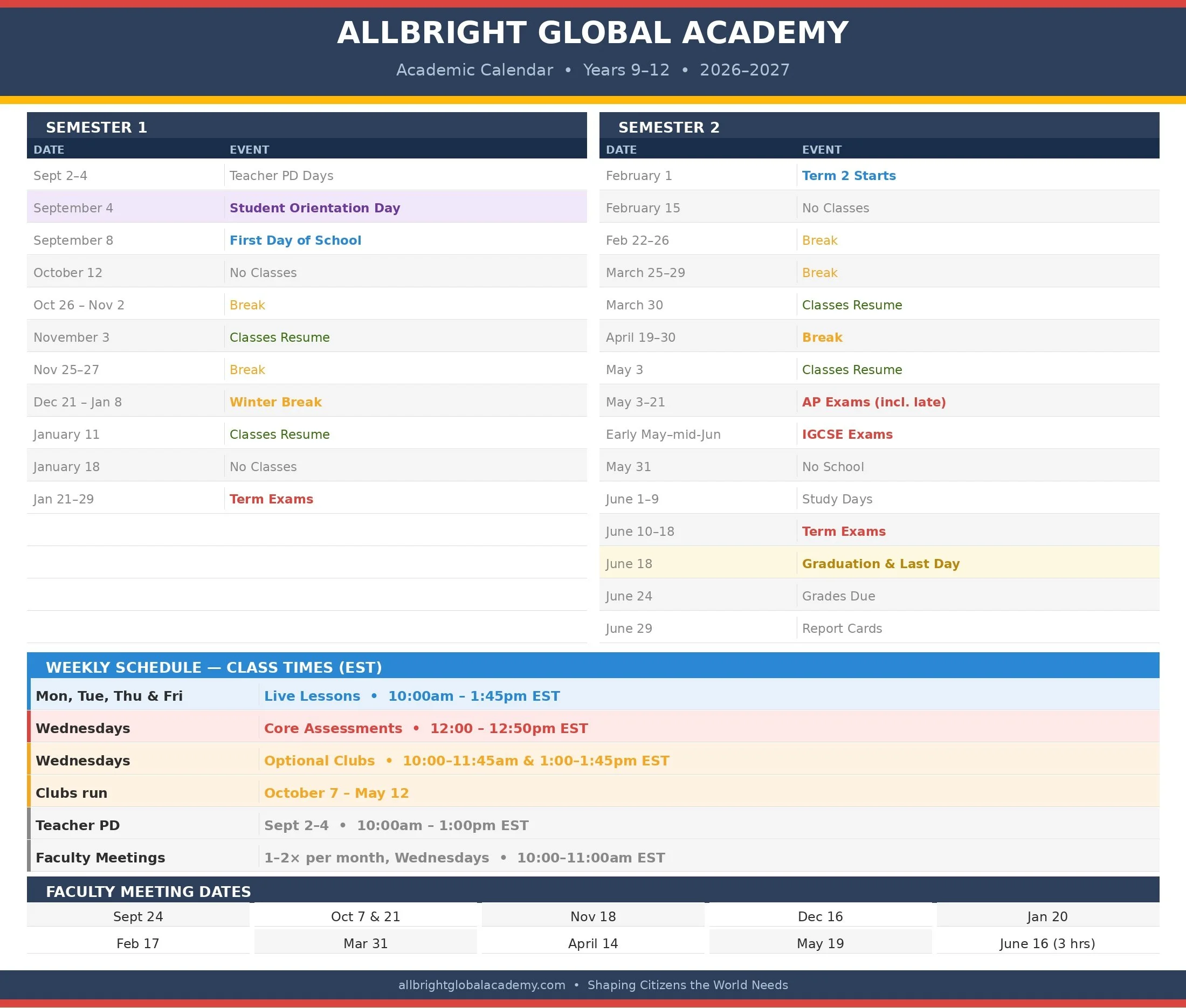 Allbright Global Academy Academic Calendar 2026–2027 — term dates, breaks, student orientation, graduation, AP and IGCSE exam windows, and weekly live class schedule for Years 9–12 online high school