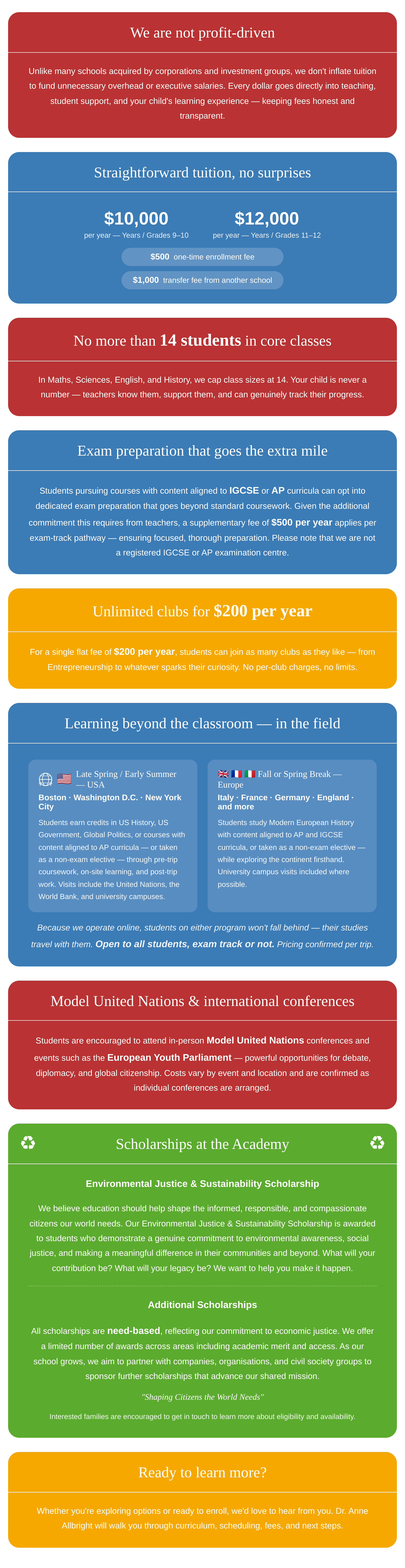 Allbright Global Academy tuition and pricing information including standard tuition rates, exam preparation fees, clubs, study abroad programs, scholarships, and contact details.