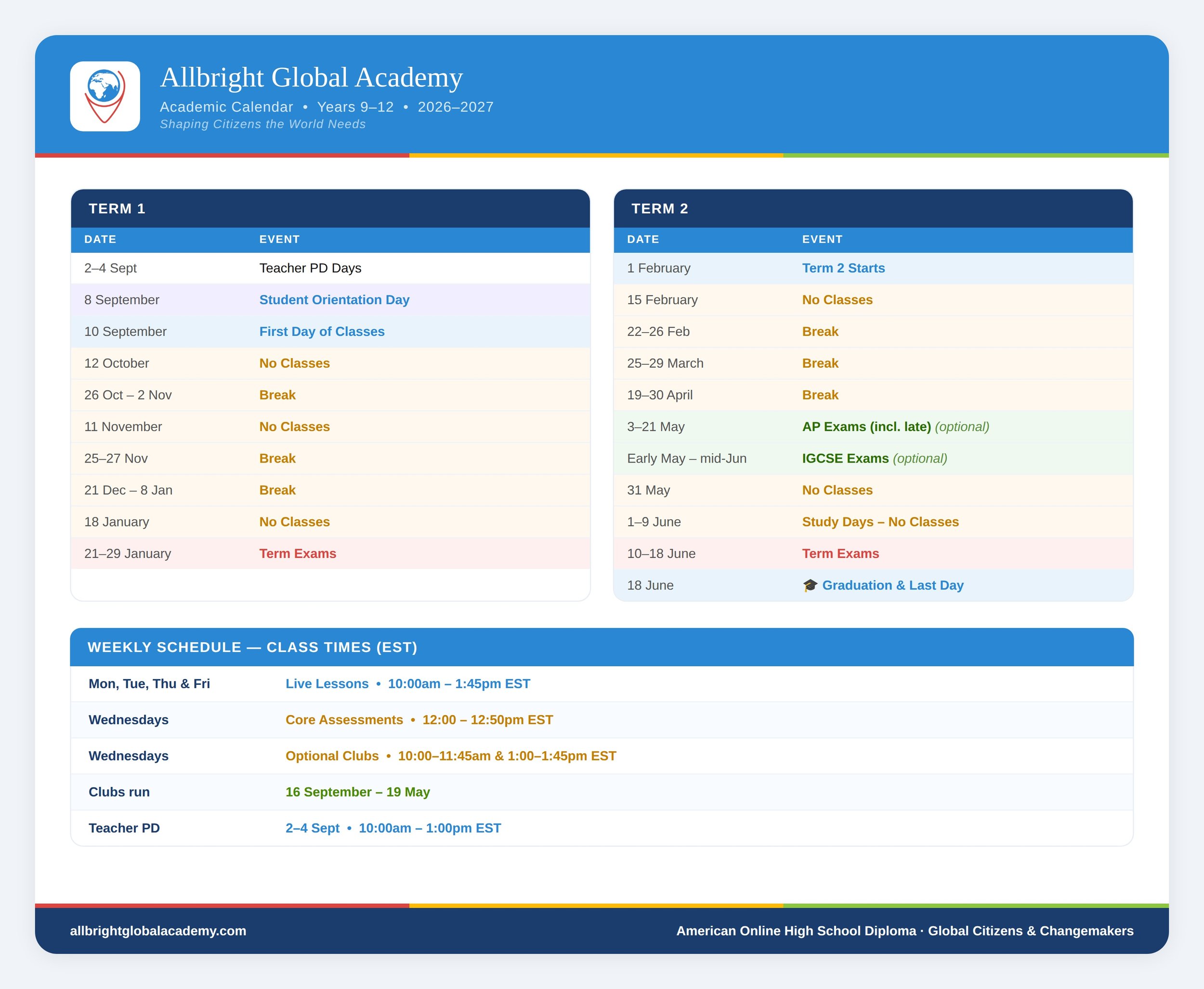 Image of Allbright Global Academy's online high school's academic calendar for 2026-2027.