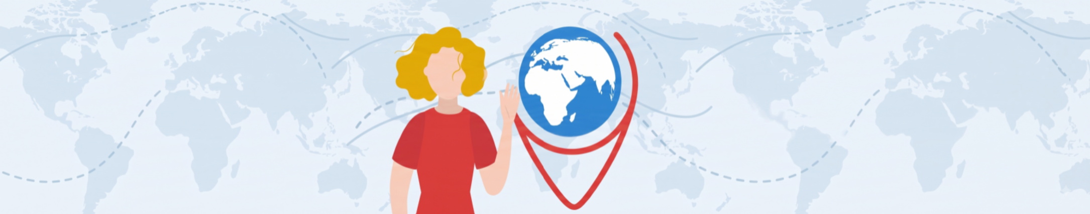 Graphic of founder of Allbright Global Academy with school logo of a a globe inside a geo locator and a world map in the background.
