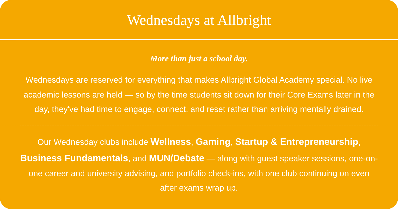 Wednesday enrichment day at Allbright Global Academy international online school — featuring clubs, guest speakers, university advising, and student portfolio reviews.