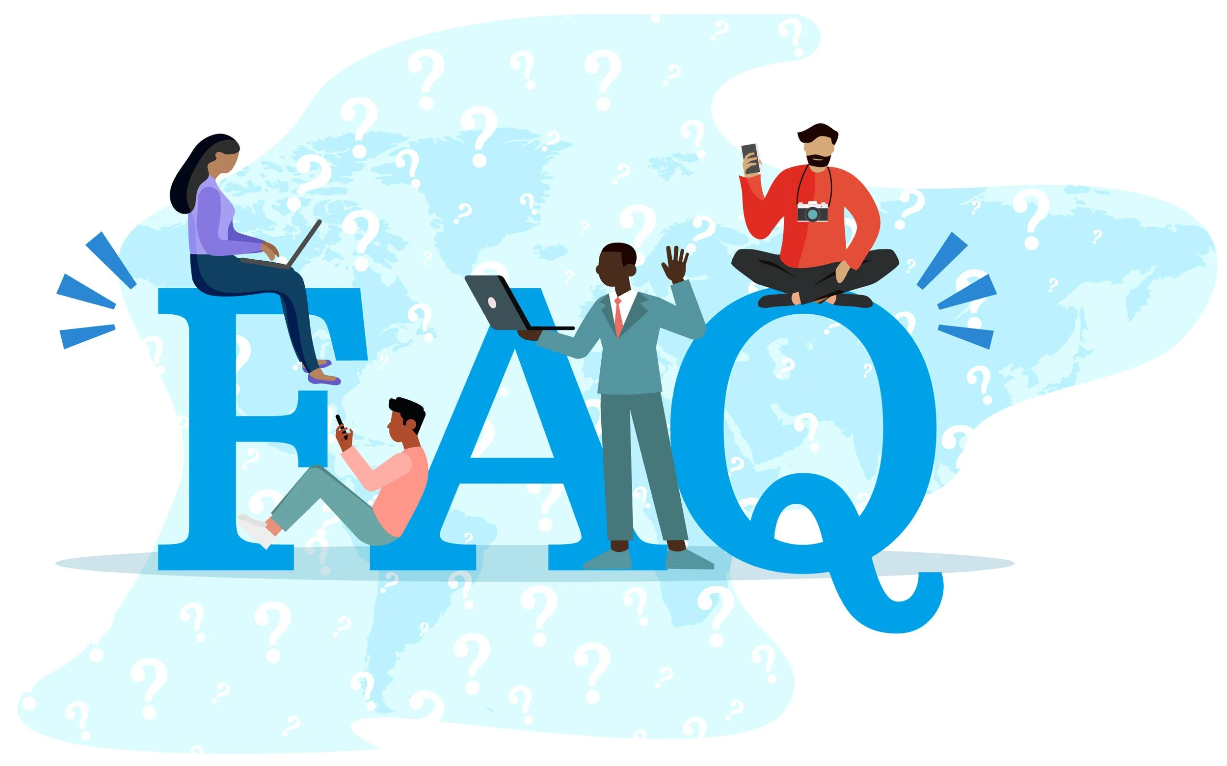 Allbright Global Academy Illustration of people with laptops and phones around large FAQ letters, representing frequently asked questions