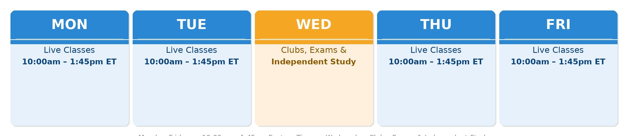 Allbright Global Academy weekly class schedule — live online classes Monday, Tuesday, Thursday and Friday, 10am to 1:45pm Eastern Time, with Wednesday reserved for clubs, exams and independent study