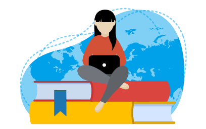Graphic of a student sitting on top of oversized books with her legs crossed and her laptop opened on her lap suggesting she is learning online. Blue map behind.