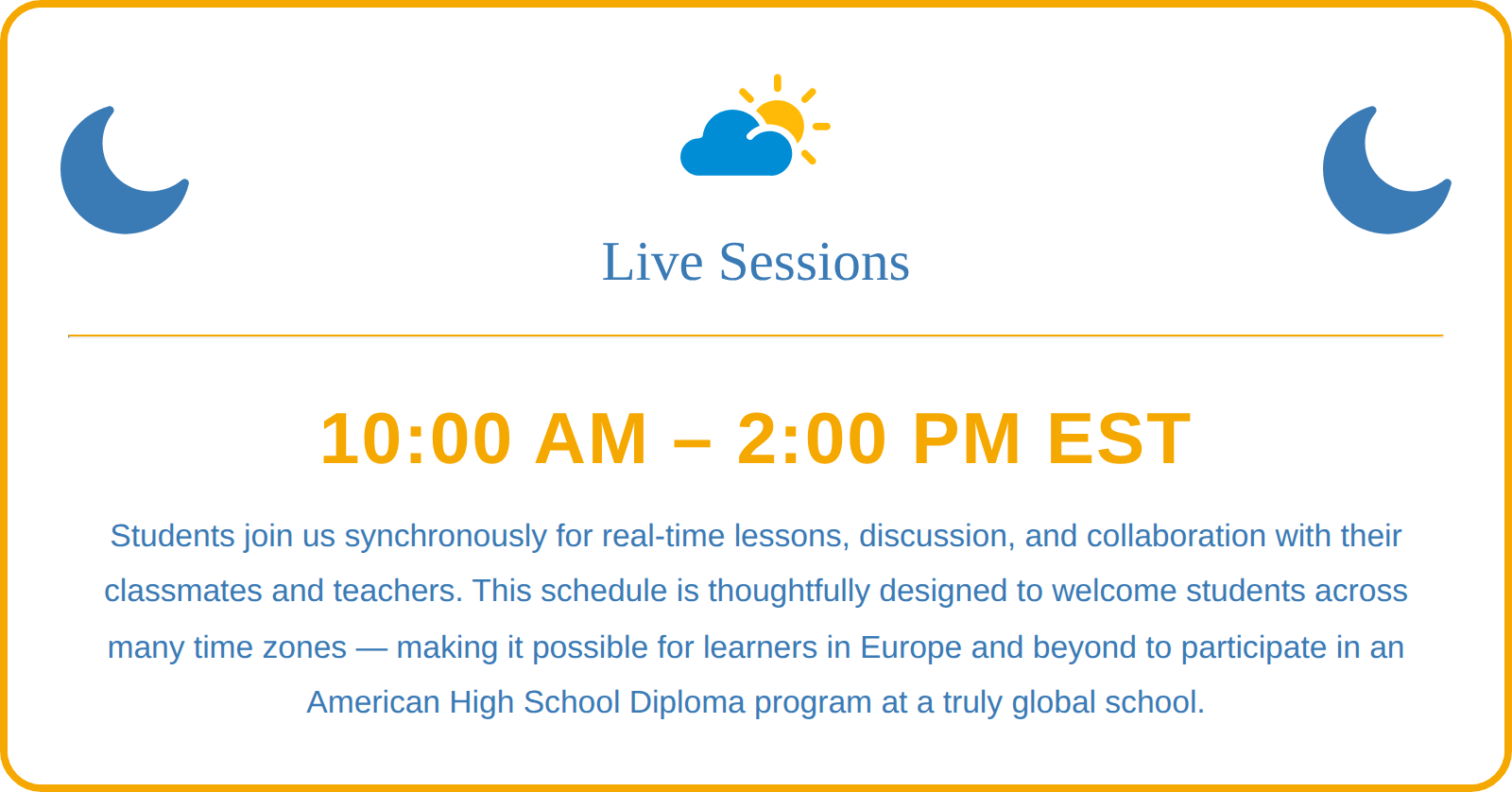 Live online classes from 10AM to 2PM EST at Allbright Global Academy, an American high school diploma program welcoming students across global time zones.